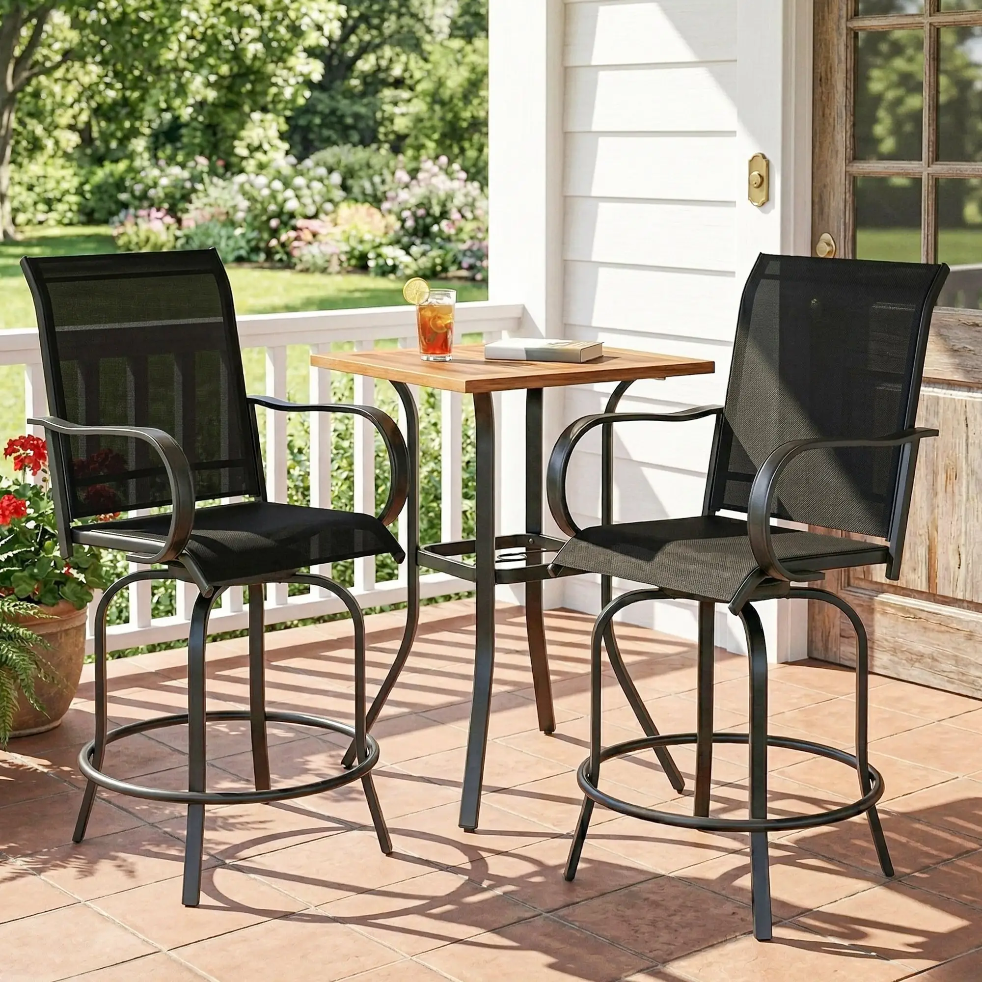 Outdoor Bar Stools Set Of 2, 27.6" x 28.7" x 48.4", Swivel Chairs, Black - Image 8