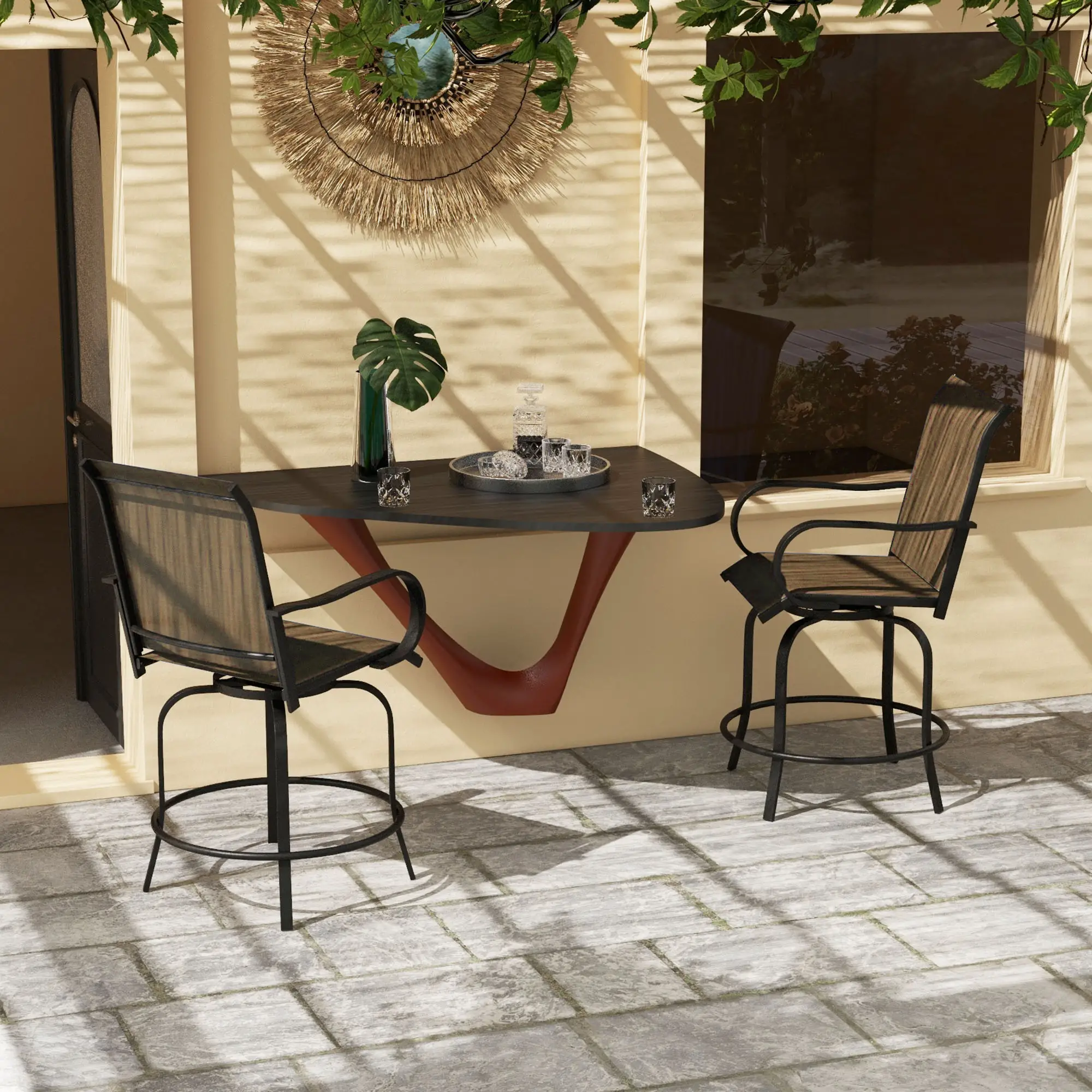 Outdoor Bar Stools Set of 2, 360° Swivel Bar Height Chairs, 26.8" x 29.5" x 48.4", Tan - Image 2