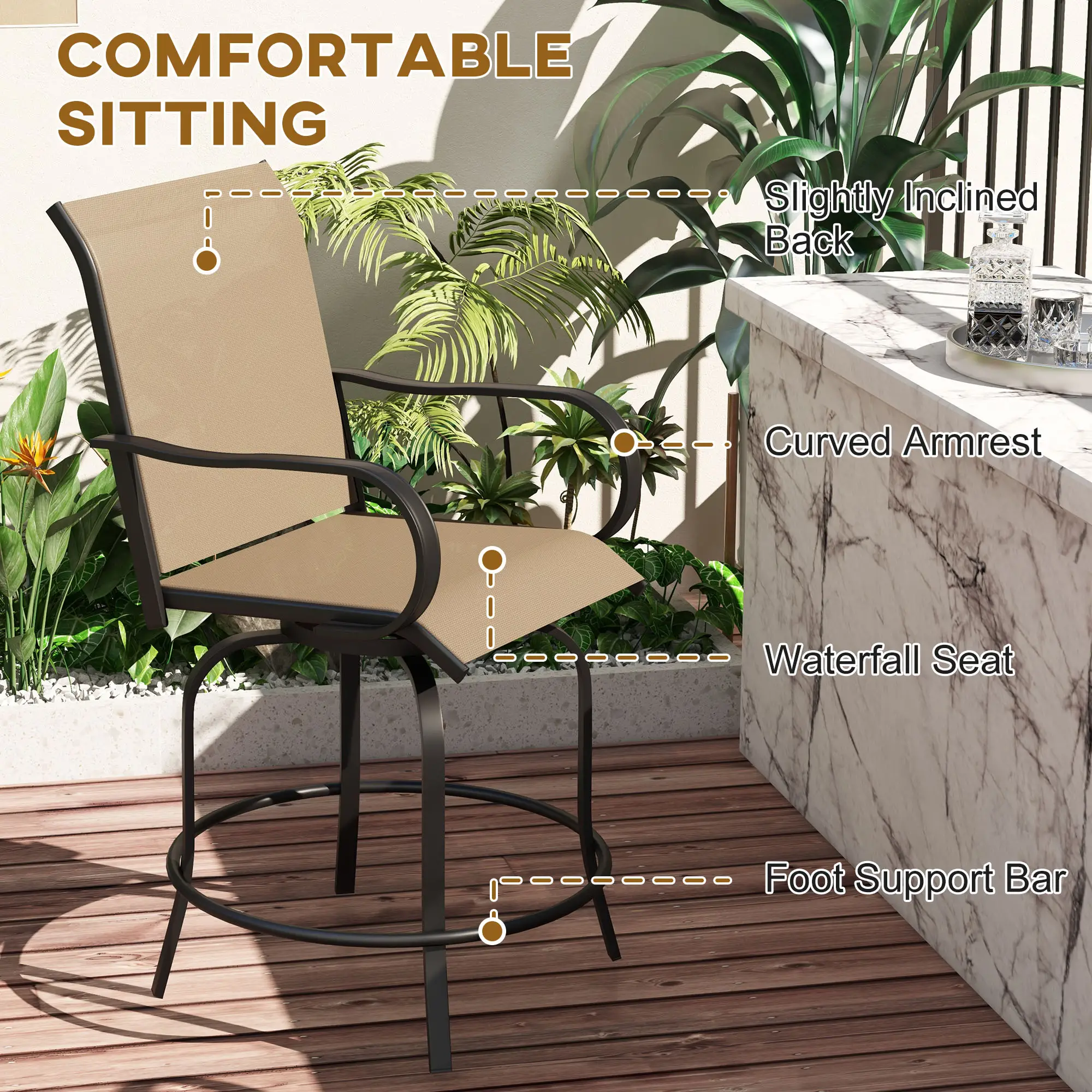 Outdoor Bar Stools Set of 2, 360° Swivel Bar Height Chairs, 26.8" x 29.5" x 48.4", Tan - Image 5