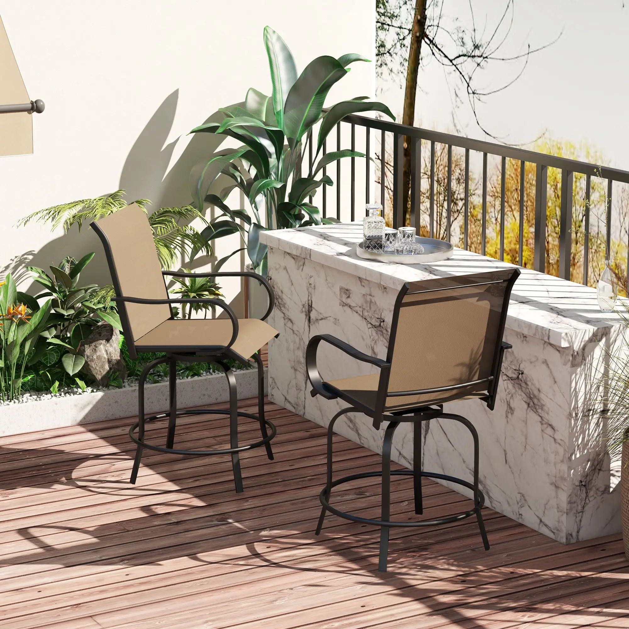 Outdoor Bar Stools Set of 2, 360° Swivel Bar Height Chairs, 26.8" x 29.5" x 48.4", Tan - Image 8