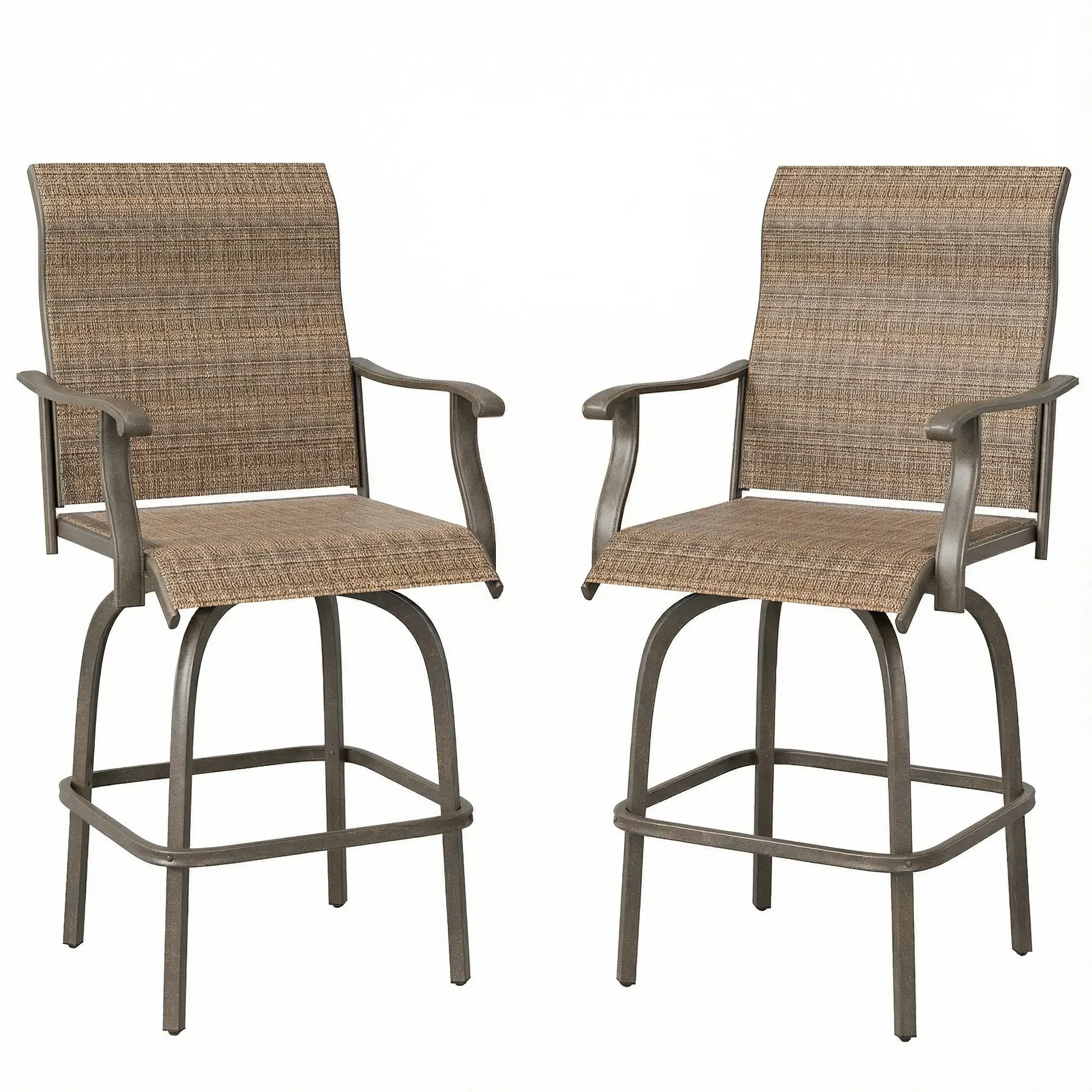Outdoor Bar Stools Set of 2, Swivel High Back Chairs, Brown
