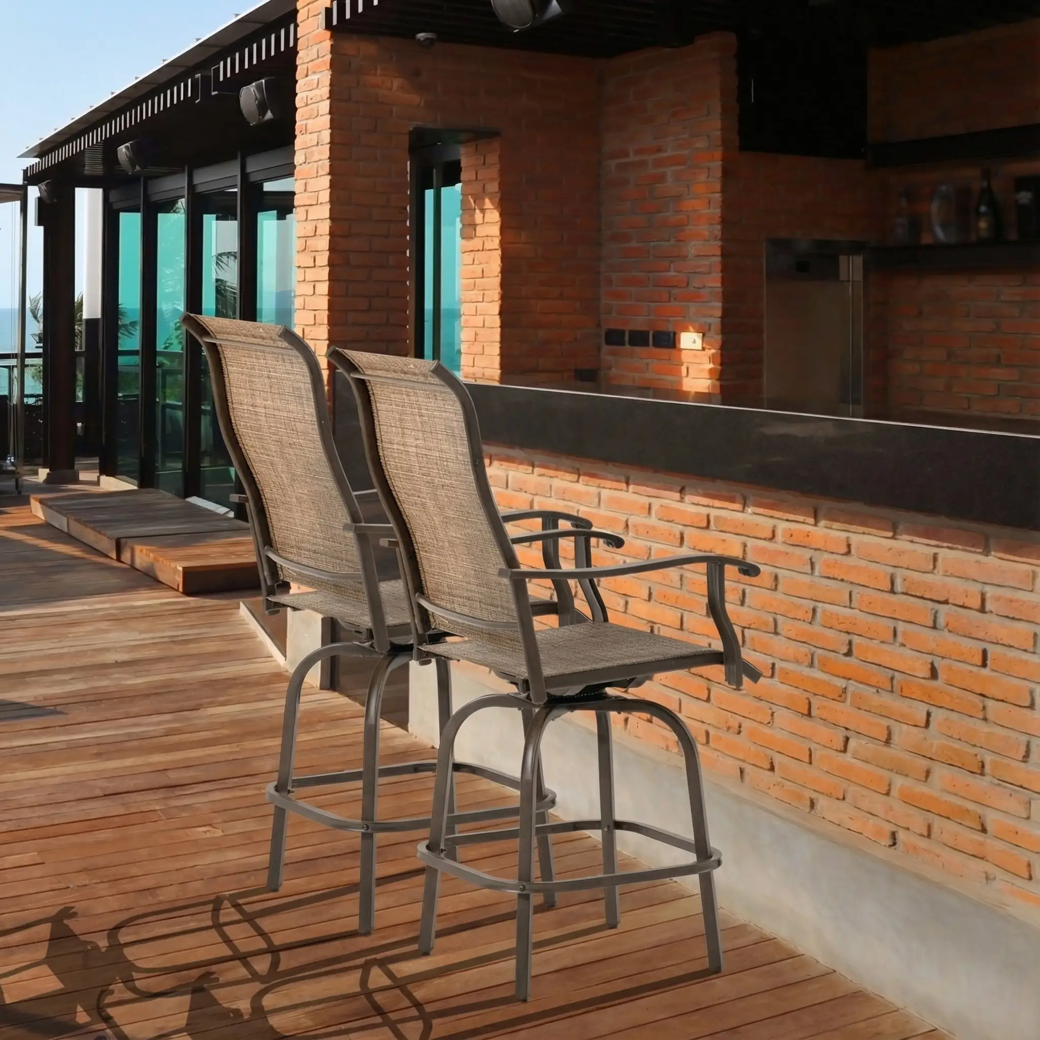 Outdoor Bar Stools Set of 2, Swivel High Back Chairs, Brown - Image 10