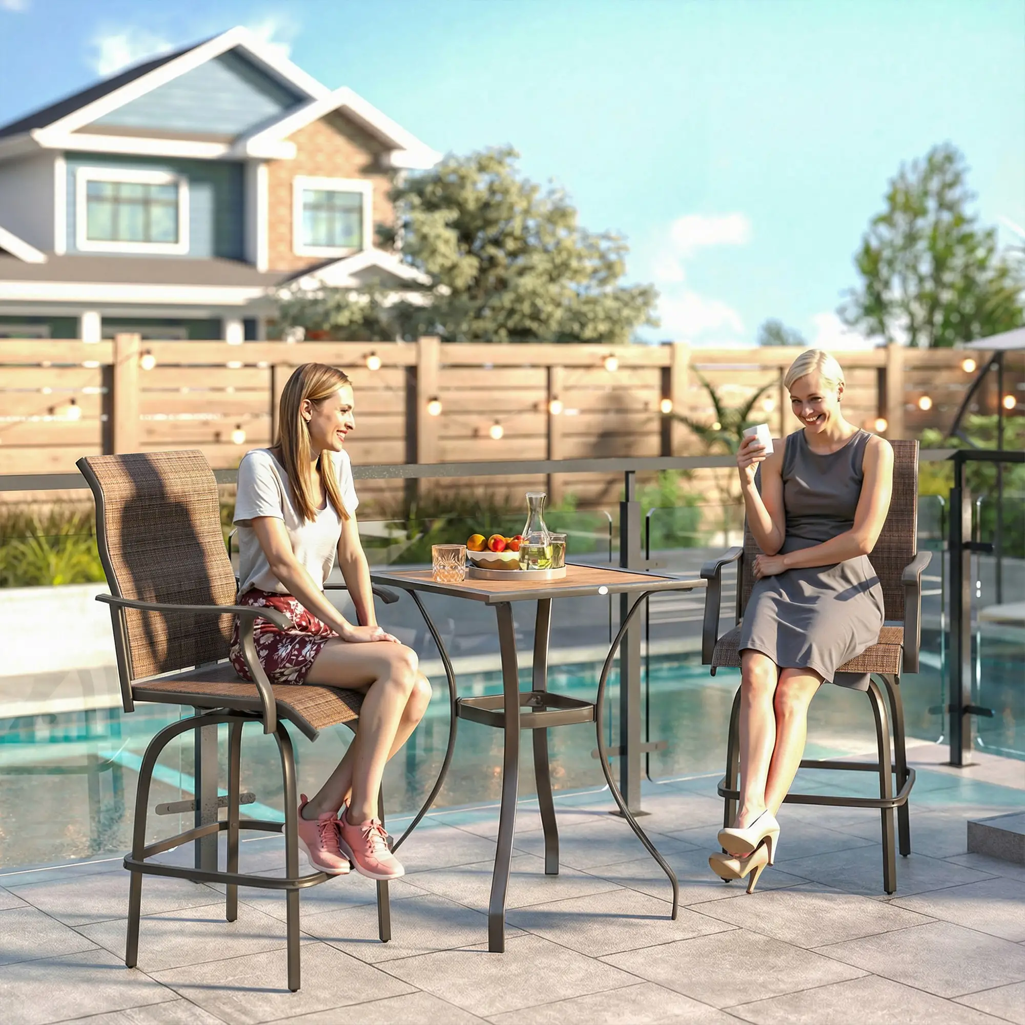 Outdoor Bar Stools Set of 2, Swivel High Back Chairs, Brown - Image 2