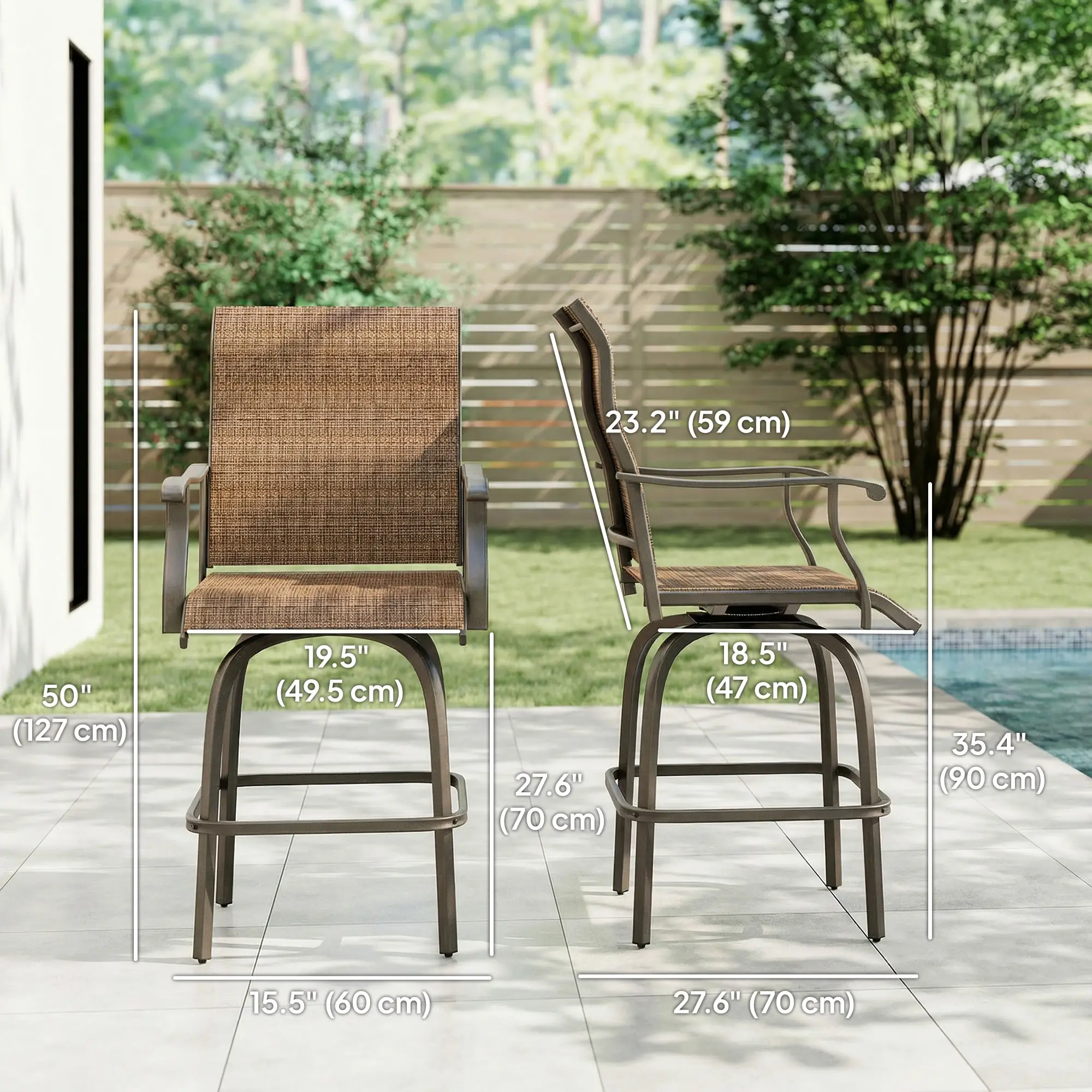 Outdoor Bar Stools Set of 2, Swivel High Back Chairs, Brown - Image 3