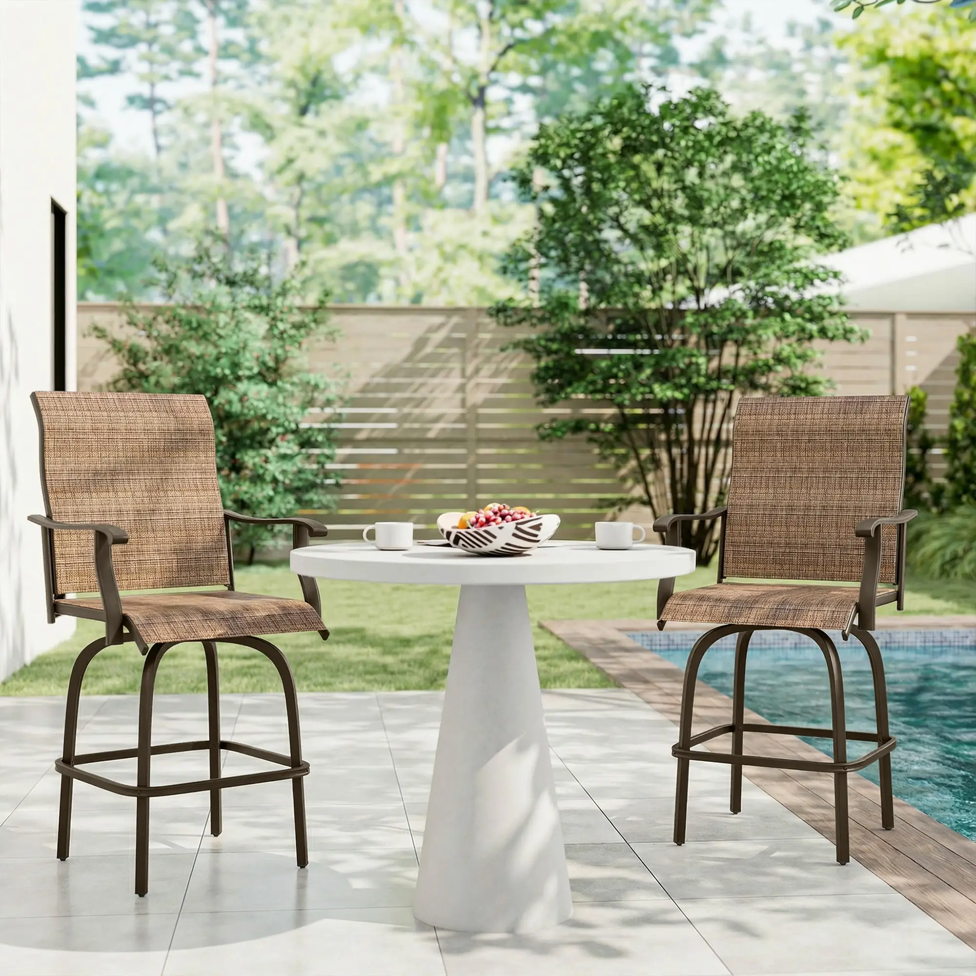 Outdoor Bar Stools Set of 2, Swivel High Back Chairs, Brown - Image 8