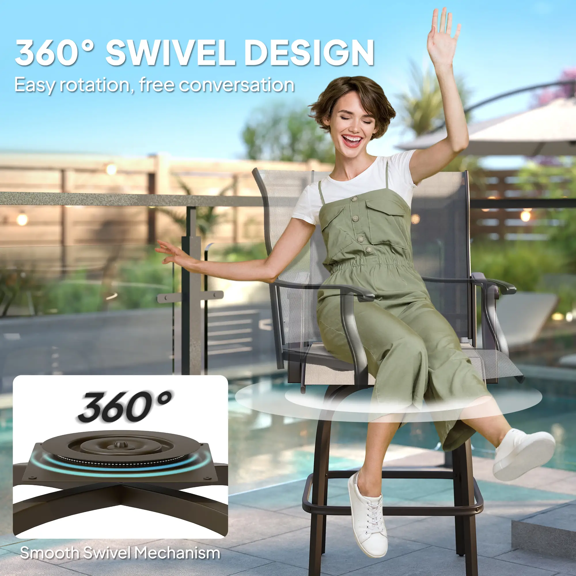 Outdoor Bar Stools Set of 2, Swivel High Back Chairs, Light Grey - Image 4