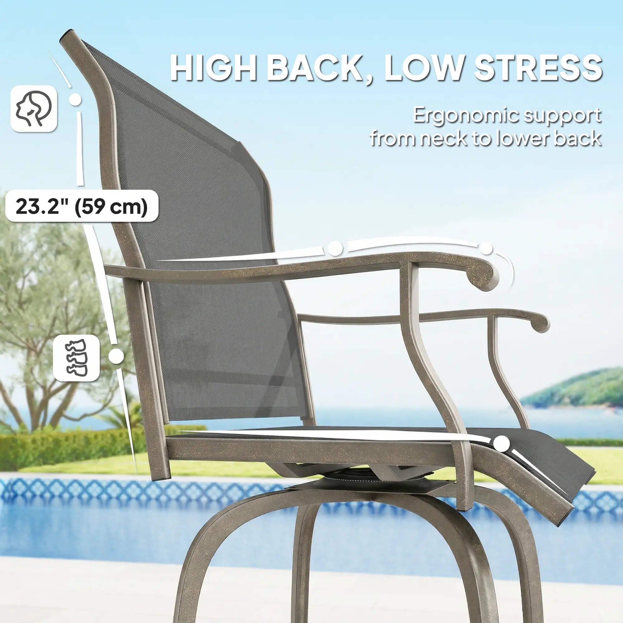 Outdoor Bar Stools Set of 2, Swivel High Back Chairs, Light Grey - Image 6