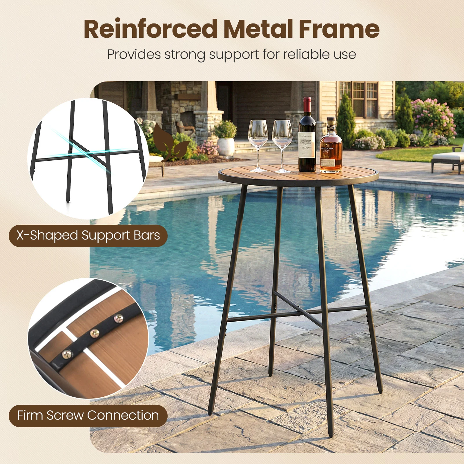 Outdoor Bar Table 41 inch Bar Height Patio Round Table with Acacia Wood Top and Metal Frame - Image 10