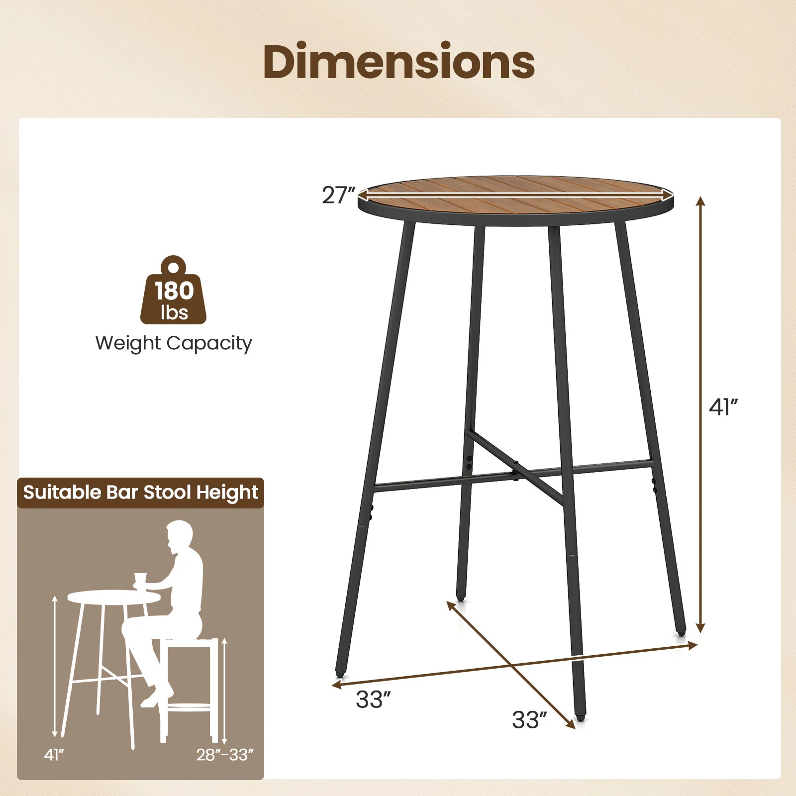 Outdoor Bar Table 41 inch Bar Height Patio Round Table with Acacia Wood Top and Metal Frame - Image 6