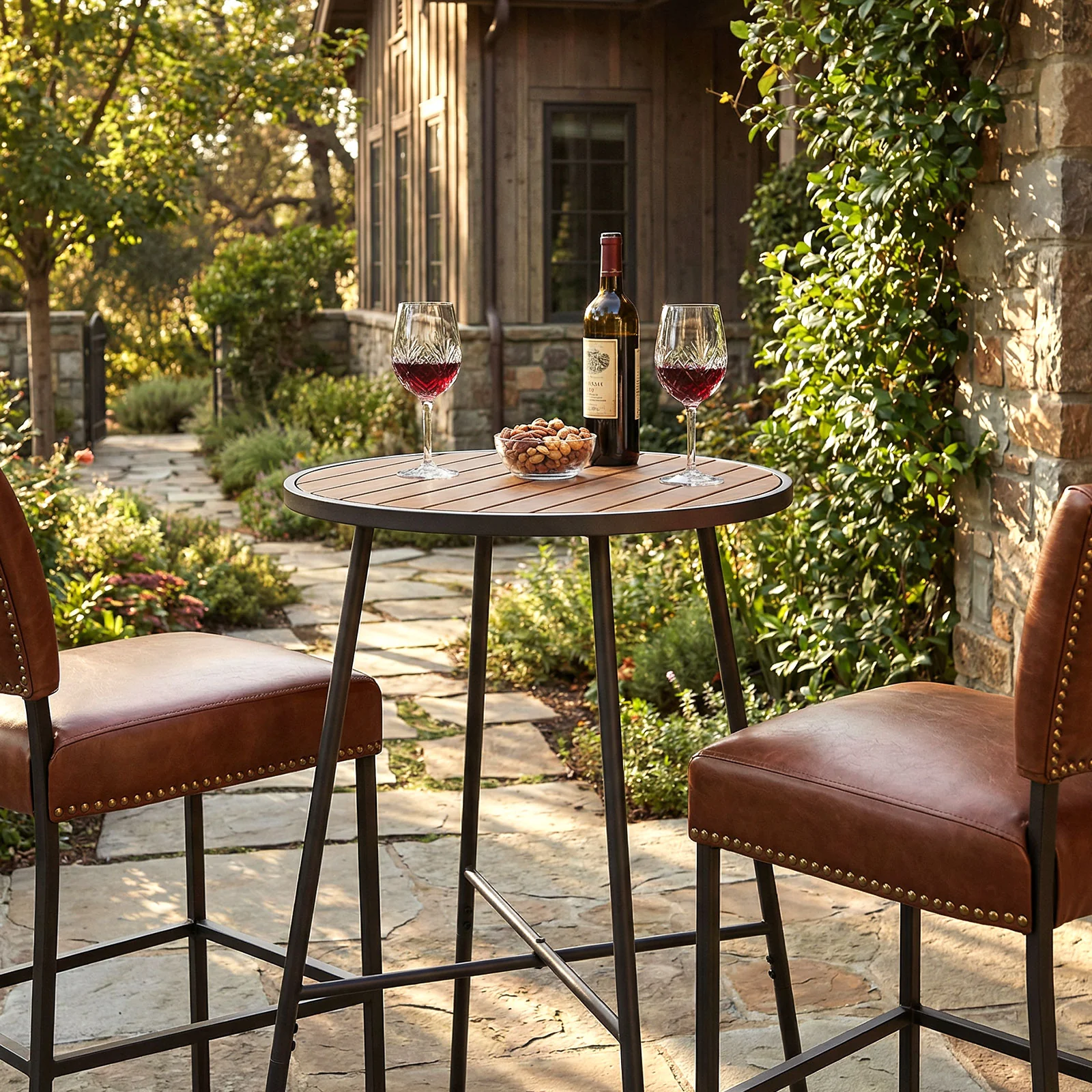 Outdoor Bar Table 41 inch Bar Height Patio Round Table with Acacia Wood Top and Metal Frame - Image 7