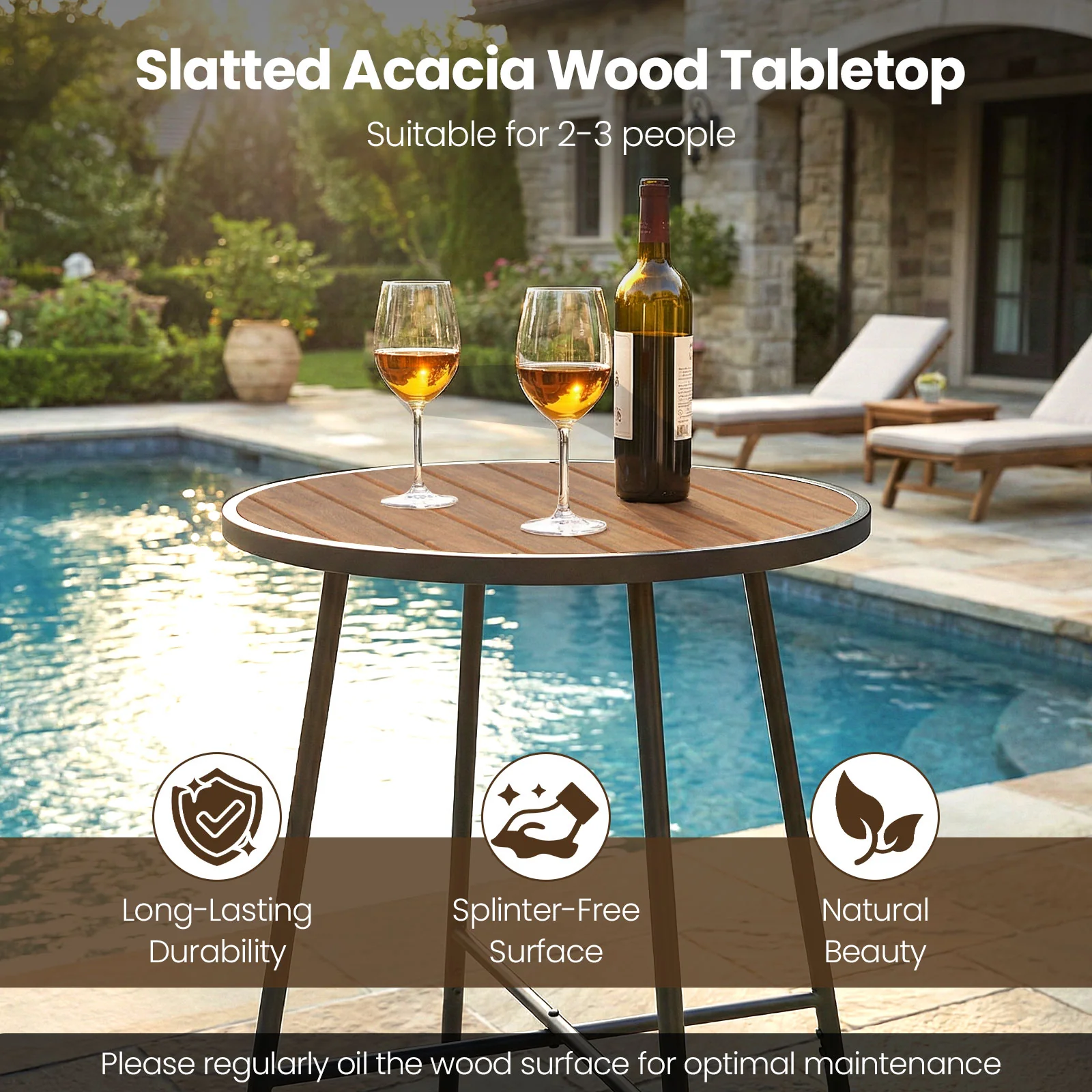 Outdoor Bar Table 41 inch Bar Height Patio Round Table with Acacia Wood Top and Metal Frame - Image 9