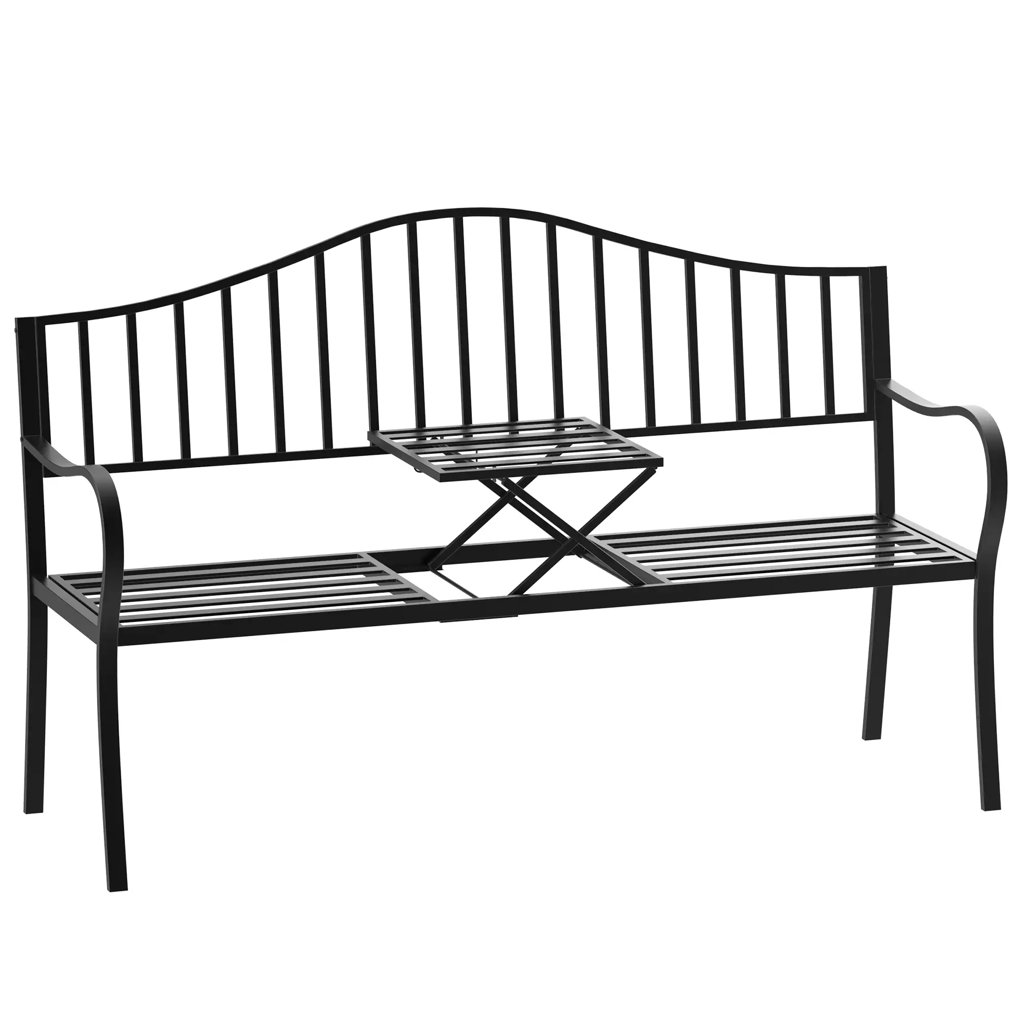 Outdoor Bench, Retractable Table, Metal Frame, Slatted Seat, Black