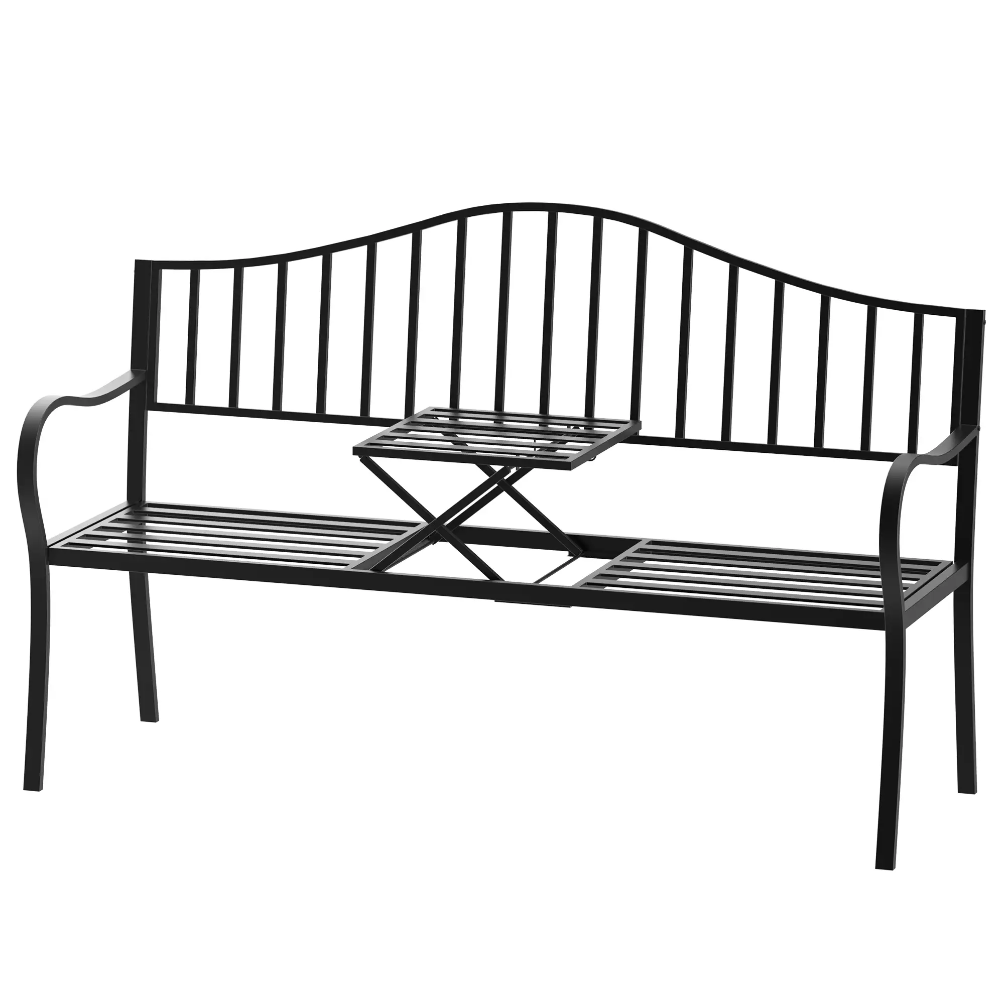 Outdoor Bench, Retractable Table, Metal Frame, Slatted Seat, Black - Image 12