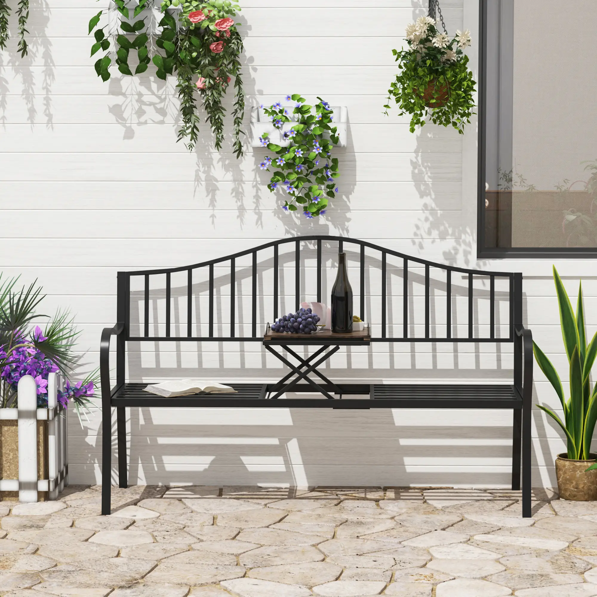 Outdoor Bench, Retractable Table, Metal Frame, Slatted Seat, Black - Image 2