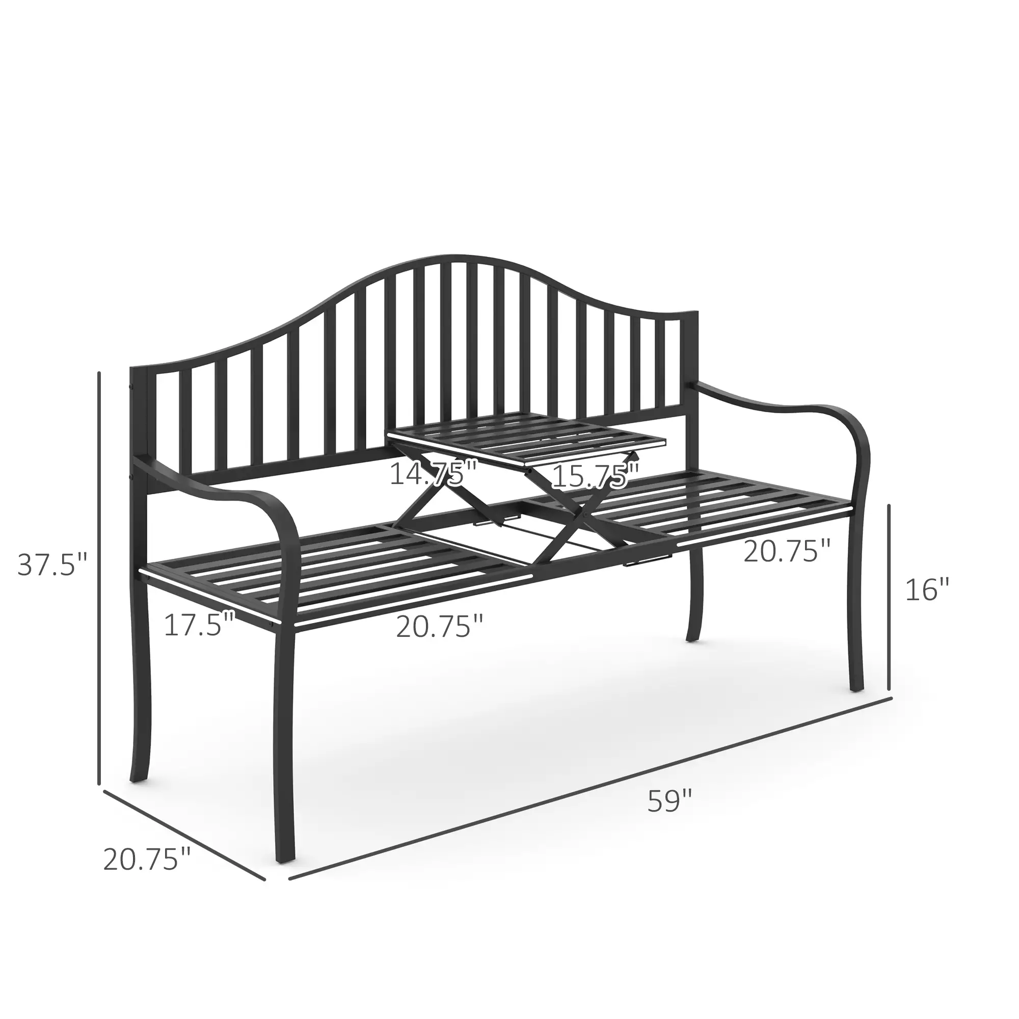 Outdoor Bench, Retractable Table, Metal Frame, Slatted Seat, Black - Image 3