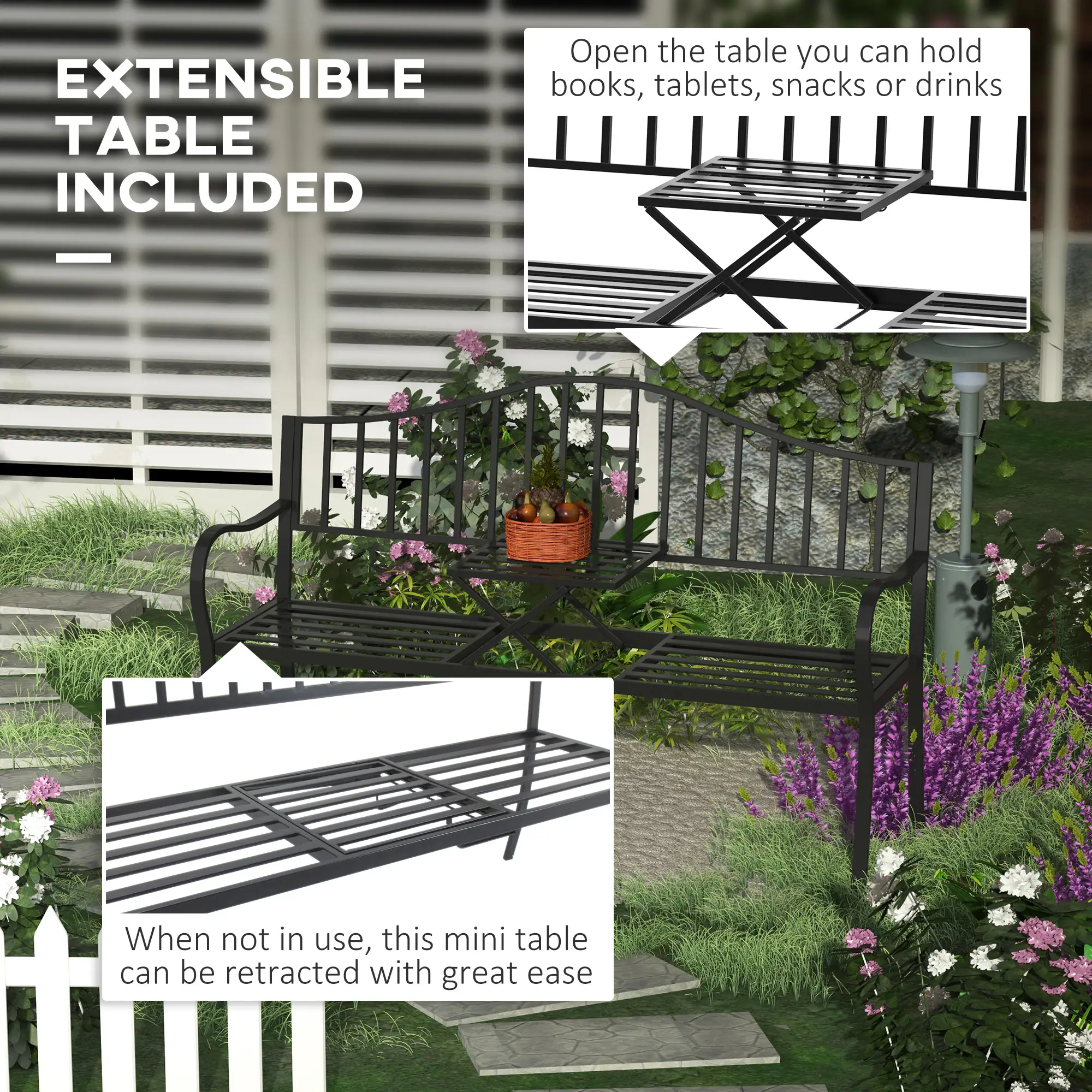 Outdoor Bench, Retractable Table, Metal Frame, Slatted Seat, Black - Image 4