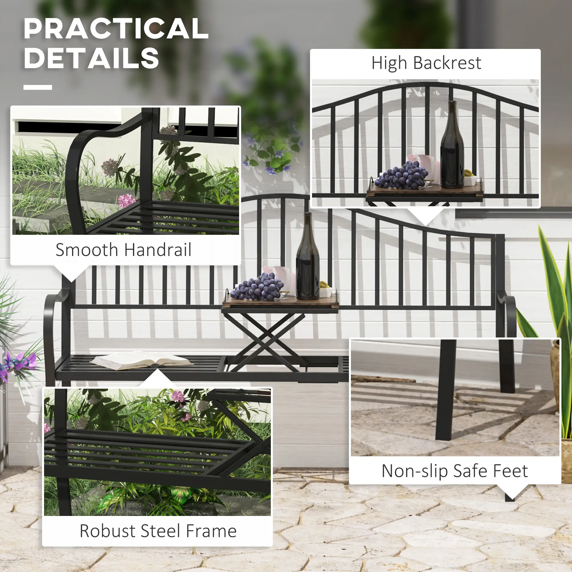 Outdoor Bench, Retractable Table, Metal Frame, Slatted Seat, Black - Image 5