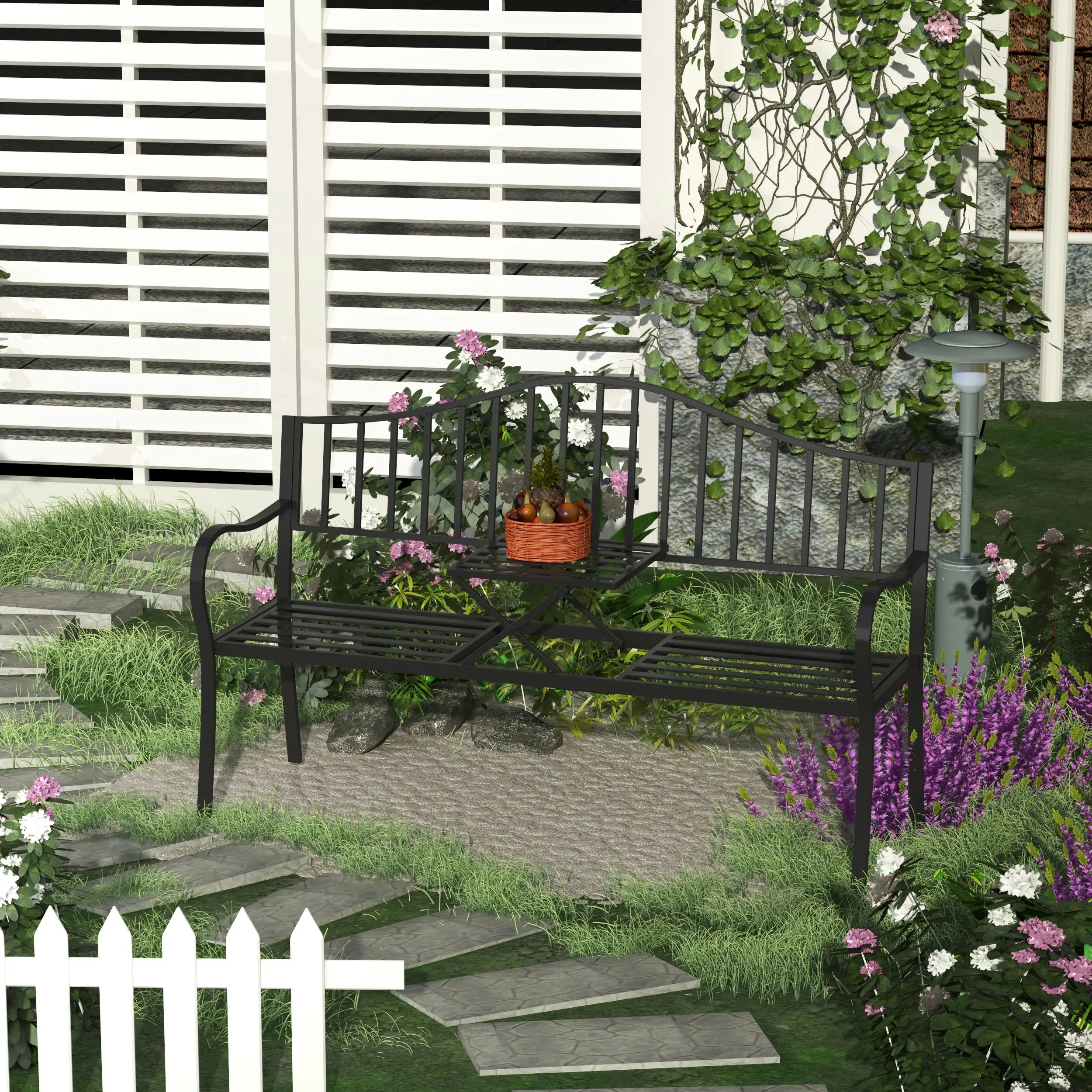 Outdoor Bench, Retractable Table, Metal Frame, Slatted Seat, Black - Image 8