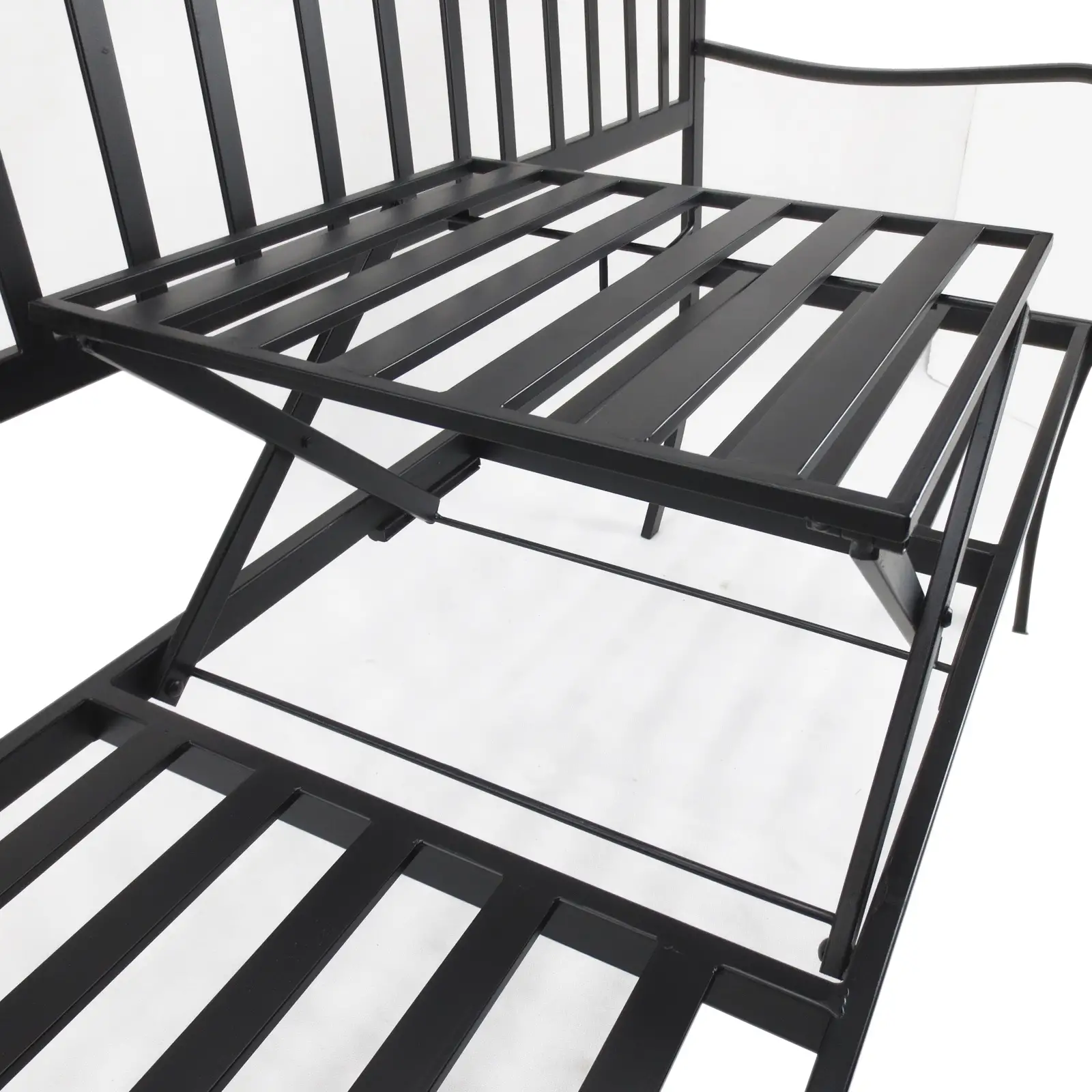 Outdoor Bench, Retractable Table, Metal Frame, Slatted Seat, Black - Image 9