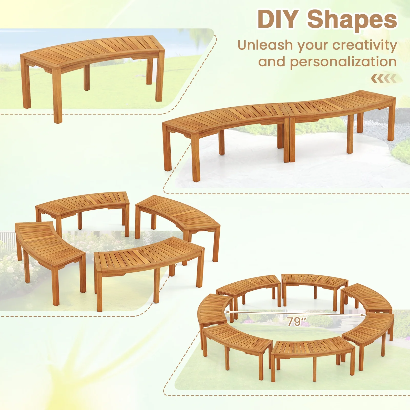 Outdoor Bench Set, Acacia Wood, Curved, 2-Person, Natural - Image 10