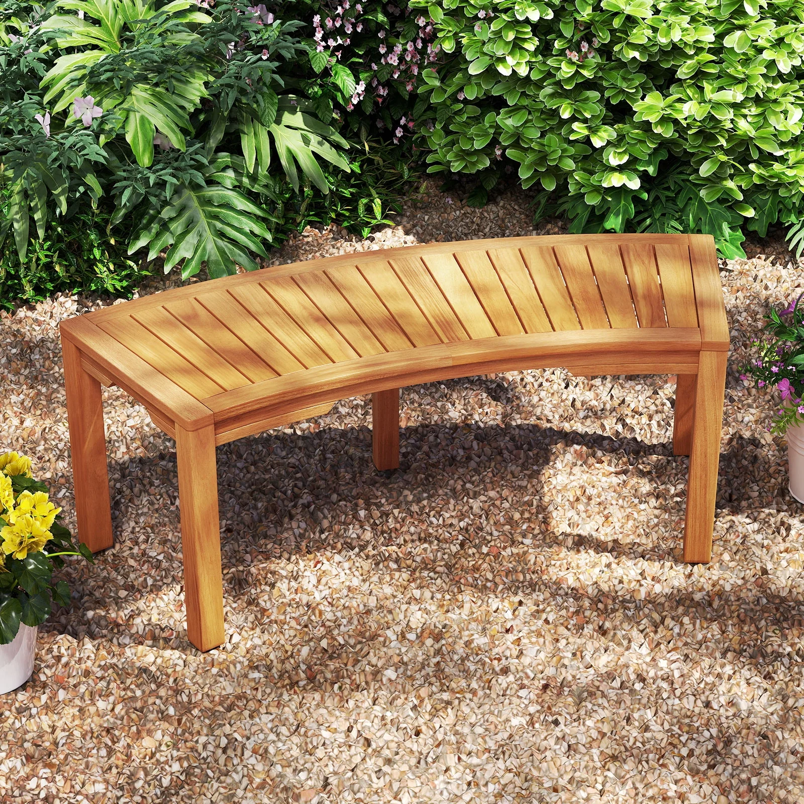 Outdoor Bench Set, Acacia Wood, Curved, 2-Person, Natural - Image 3
