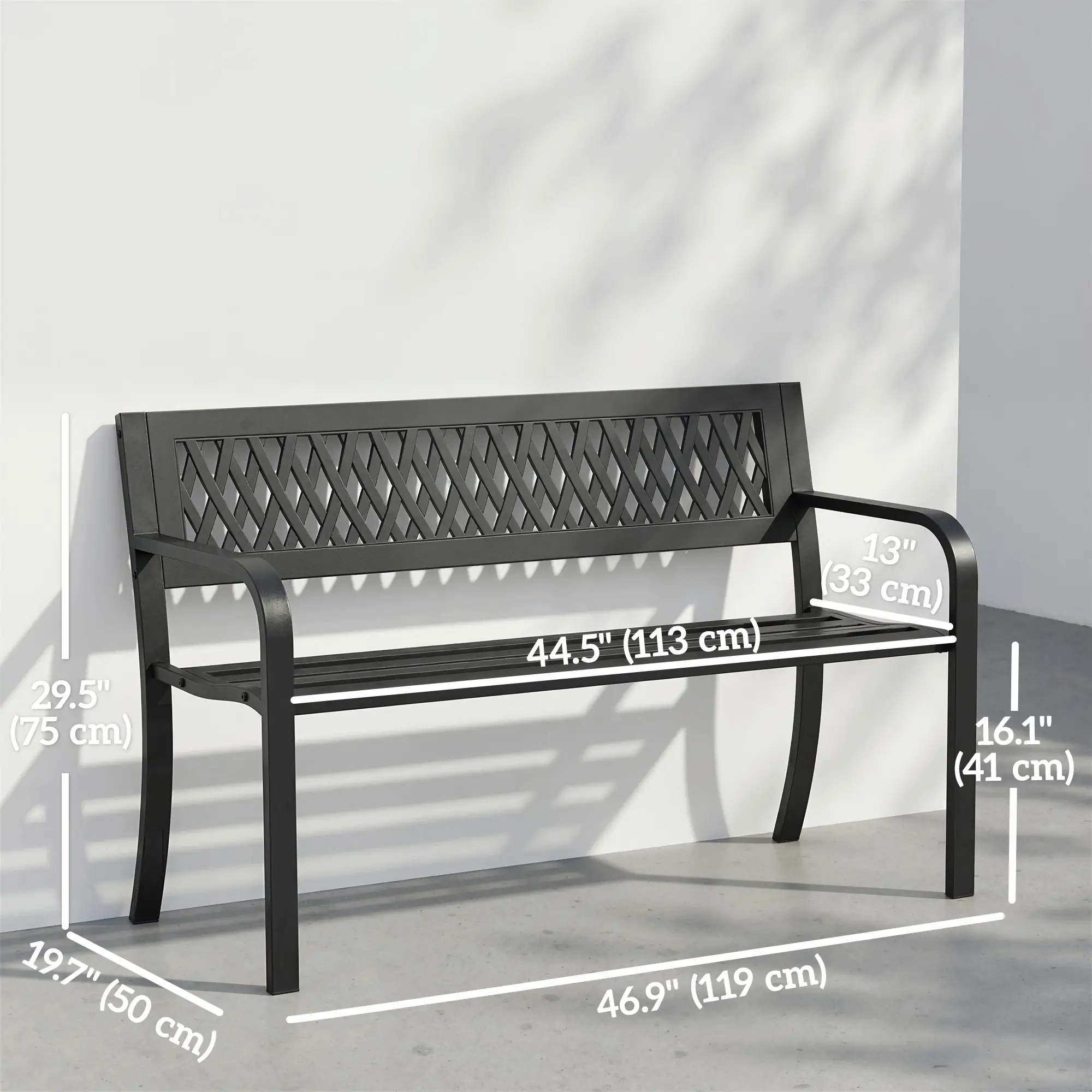 Outdoor Bench With Floral Backrest, 2 Seater Garden Bench With Armrests, Black - Image 3