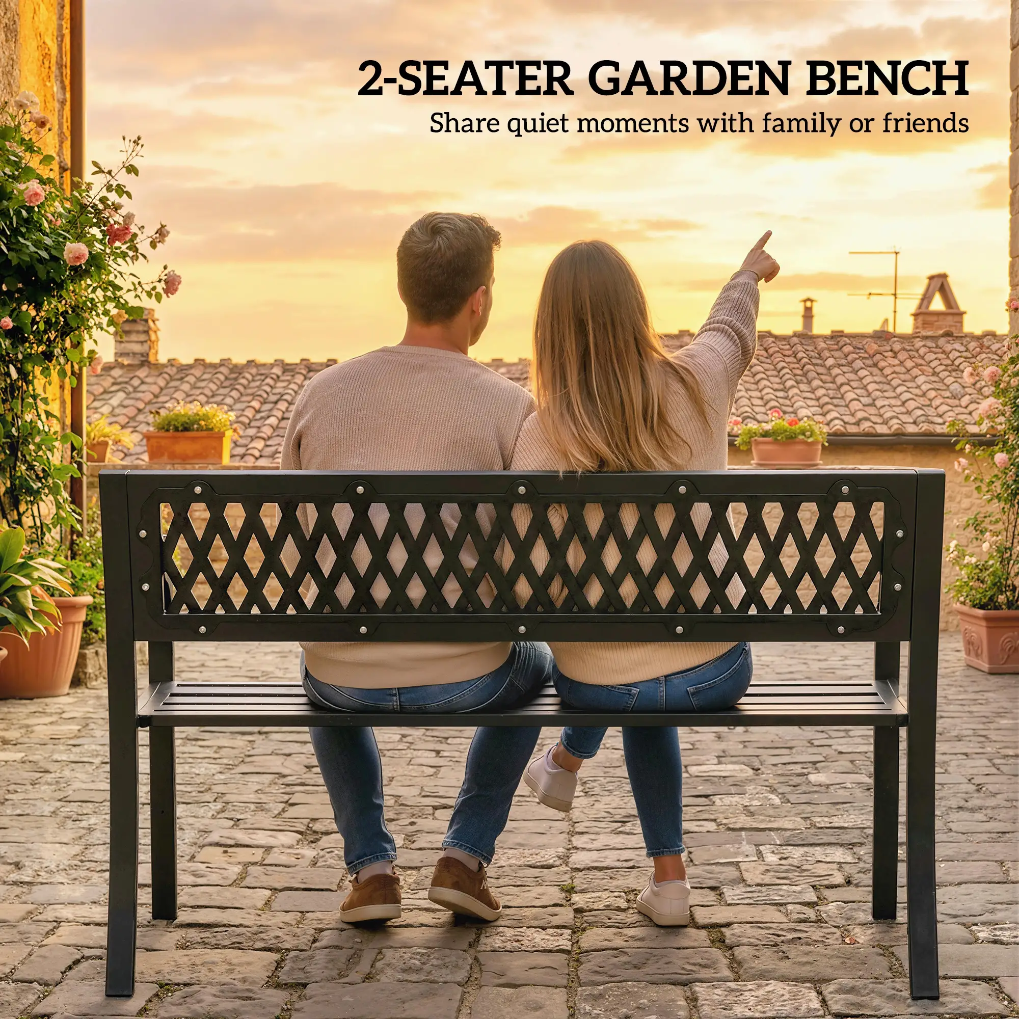 Outdoor Bench With Floral Backrest, 2 Seater Garden Bench With Armrests, Black - Image 4