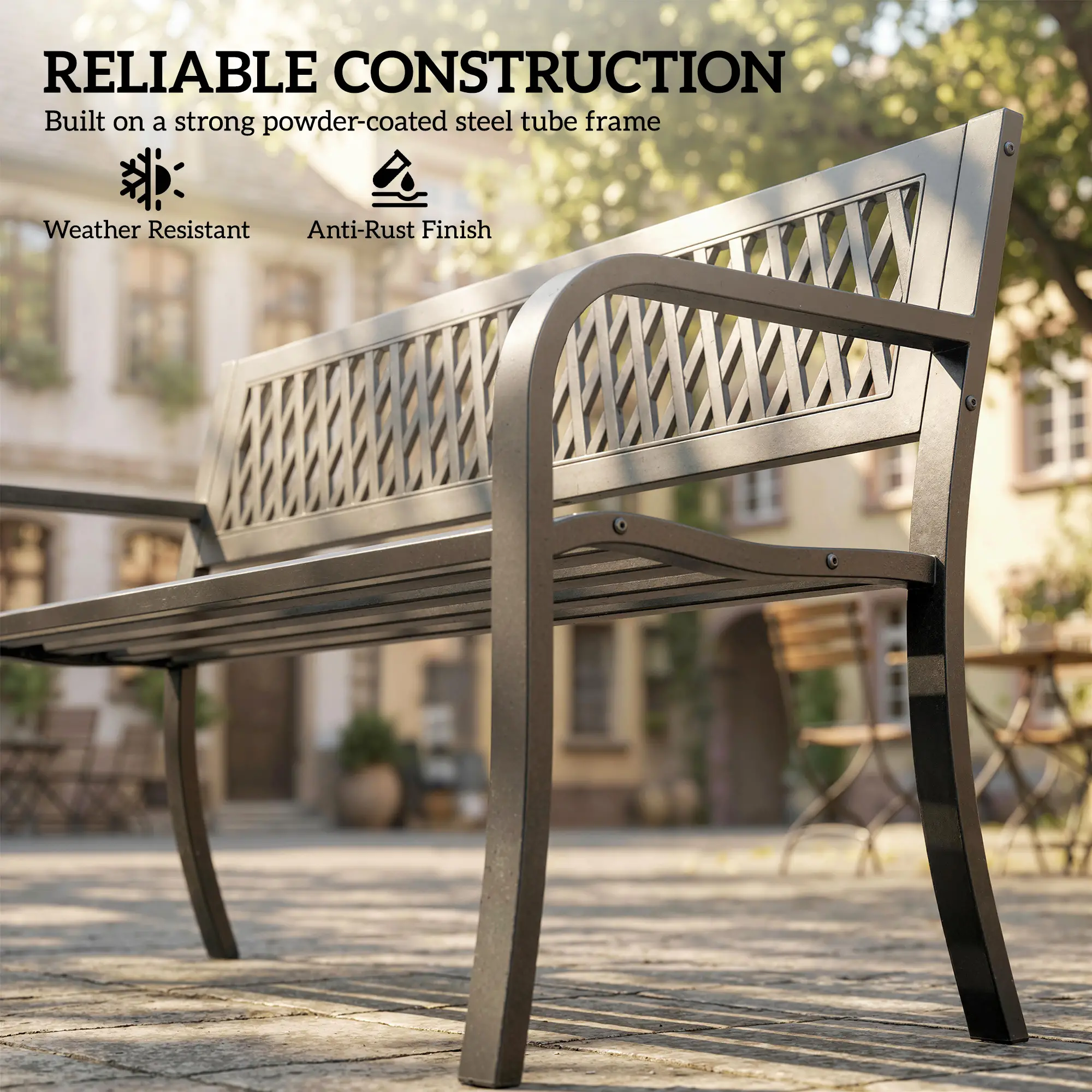 Outdoor Bench With Floral Backrest, 2 Seater Garden Bench With Armrests, Black - Image 5