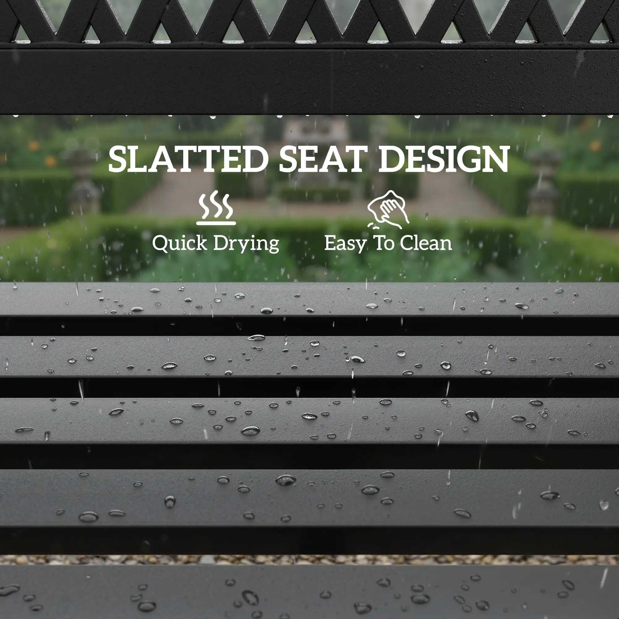 Outdoor Bench With Floral Backrest, 2 Seater Garden Bench With Armrests, Black - Image 7