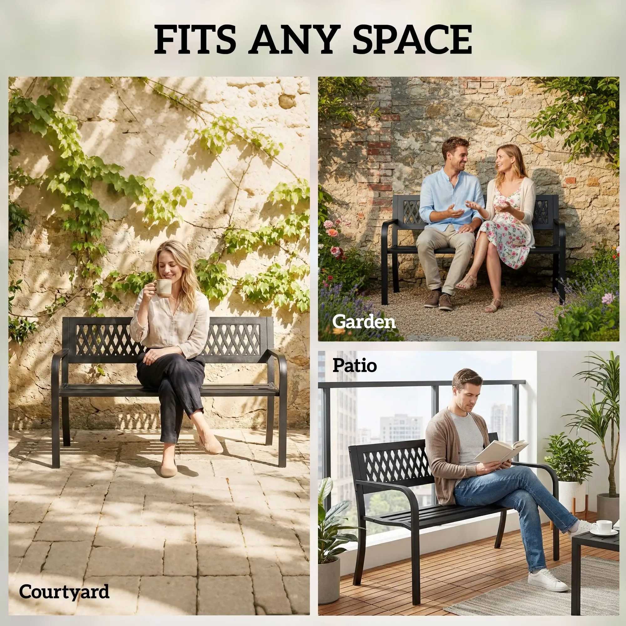 Outdoor Bench With Floral Backrest, 2 Seater Garden Bench With Armrests, Black - Image 9