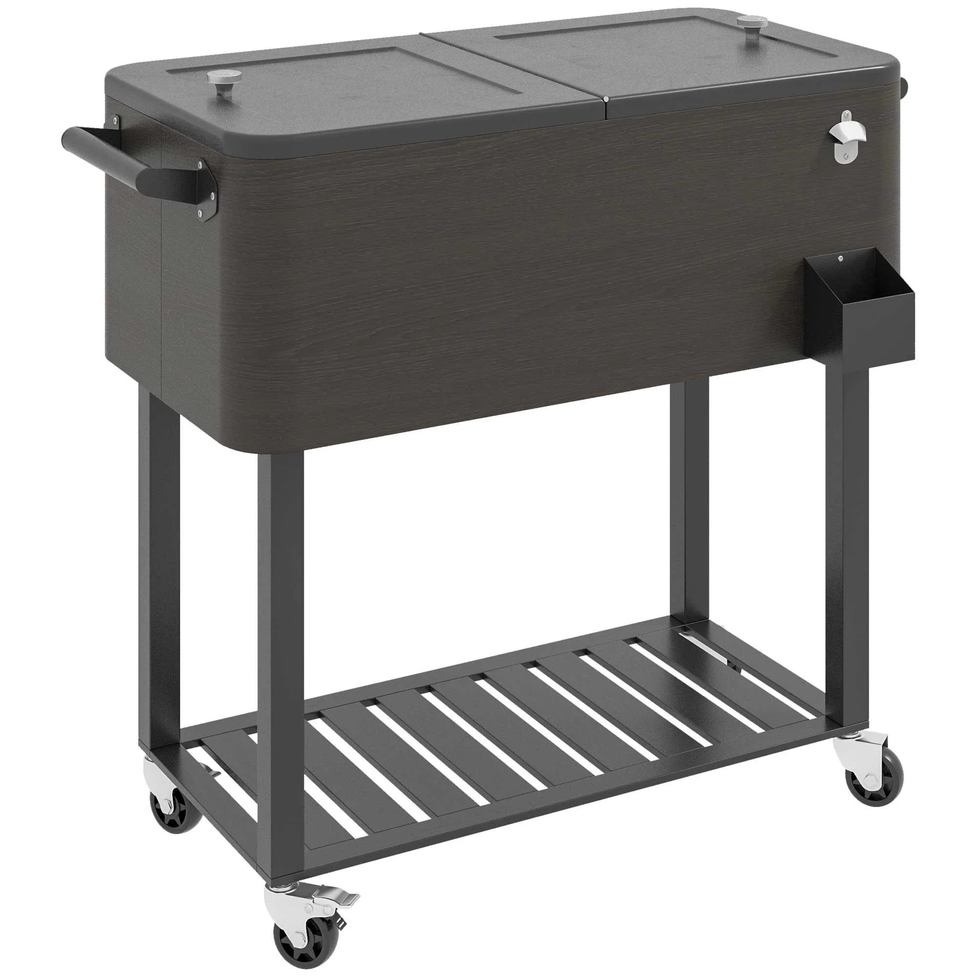 Outdoor Beverage Cooler Bar Cart, 67-Qt, Rolling Ice Chest with Shelf, Grey