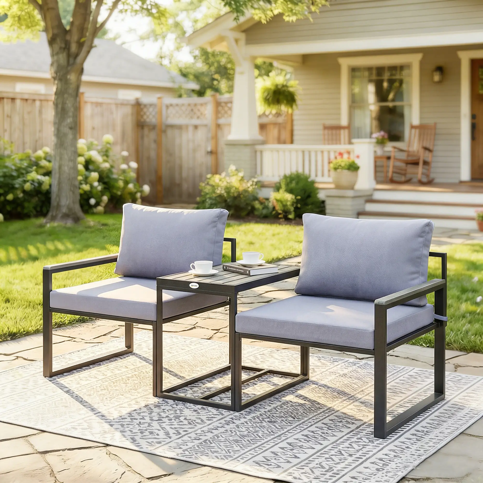 Outdoor Bistro Set, 2 Chairs And Side Table, Patio Furniture, Grey - Image 10