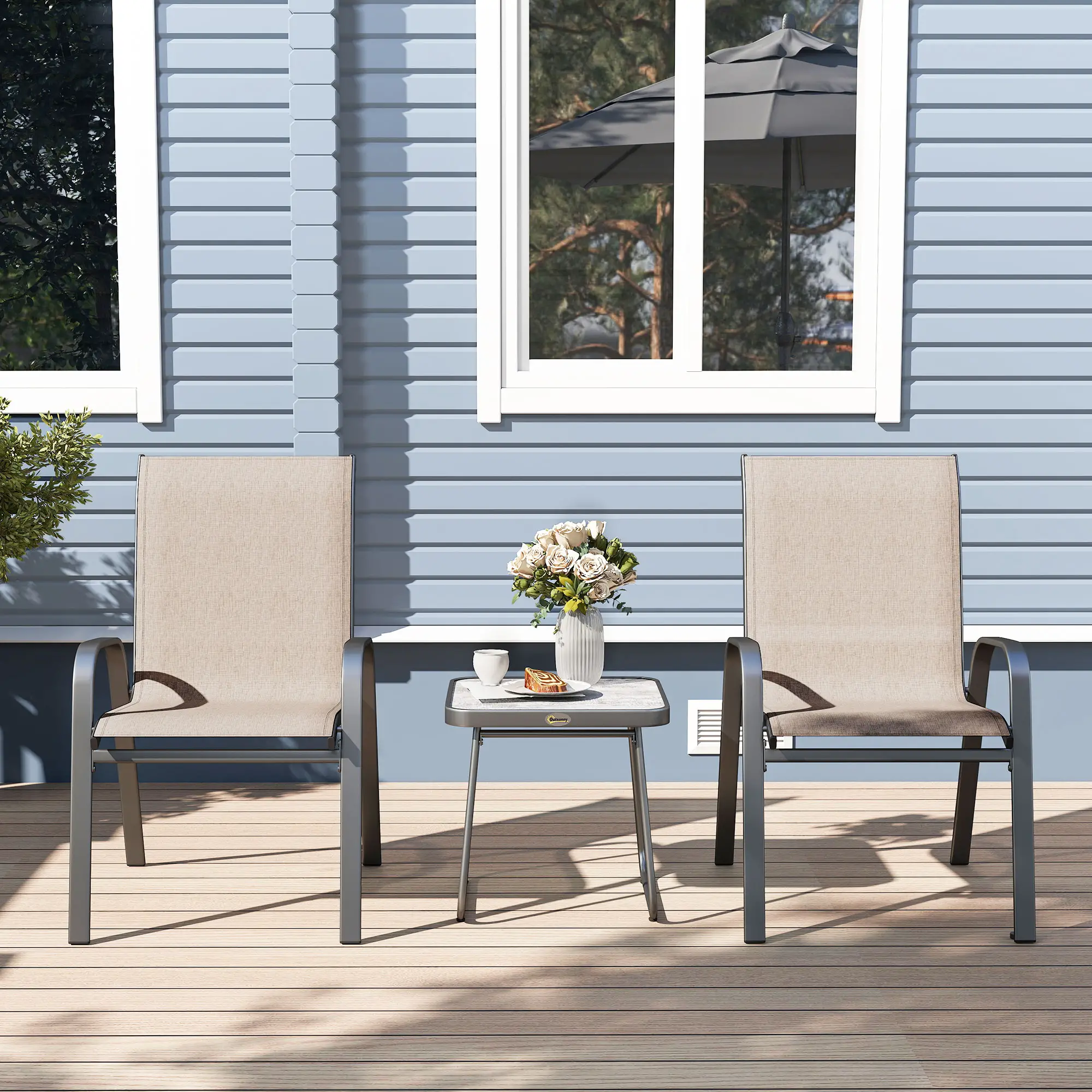 Outdoor Bistro Set, 3-Piece Patio Set, Breathable Mesh, Stackable Chairs, Square Table, Brown - Image 10