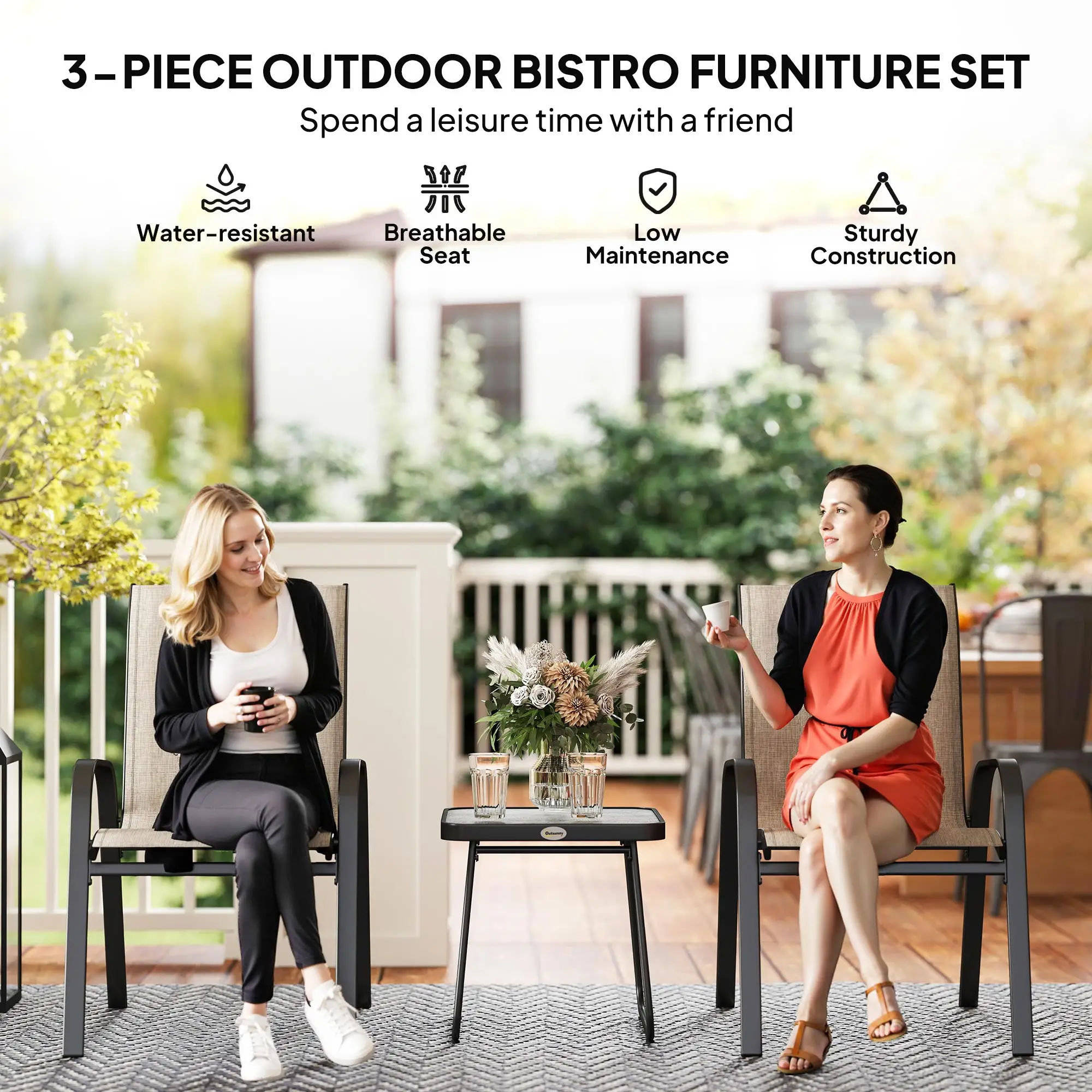 Outdoor Bistro Set, 3-Piece Patio Set, Breathable Mesh, Stackable Chairs, Square Table, Brown - Image 4