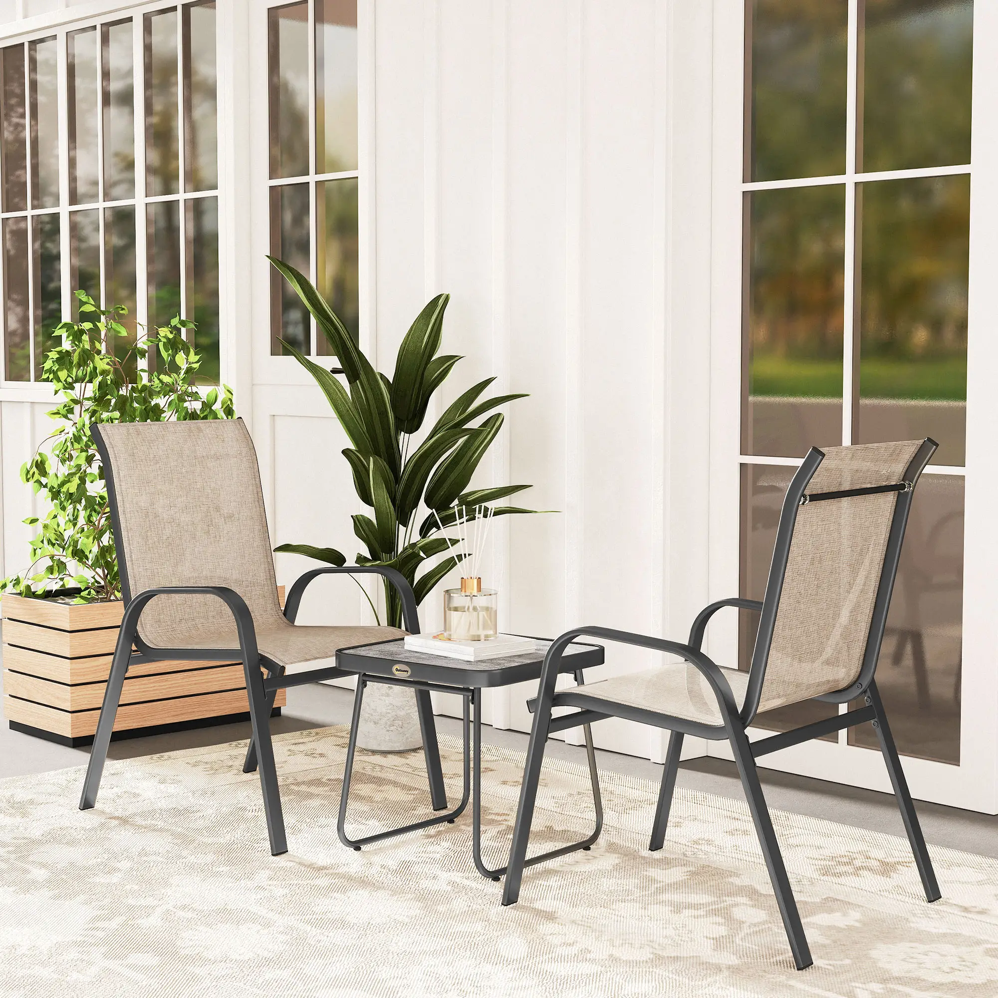 Outdoor Bistro Set, 3-Piece Patio Set, Breathable Mesh, Stackable Chairs, Square Table, Brown - Image 8
