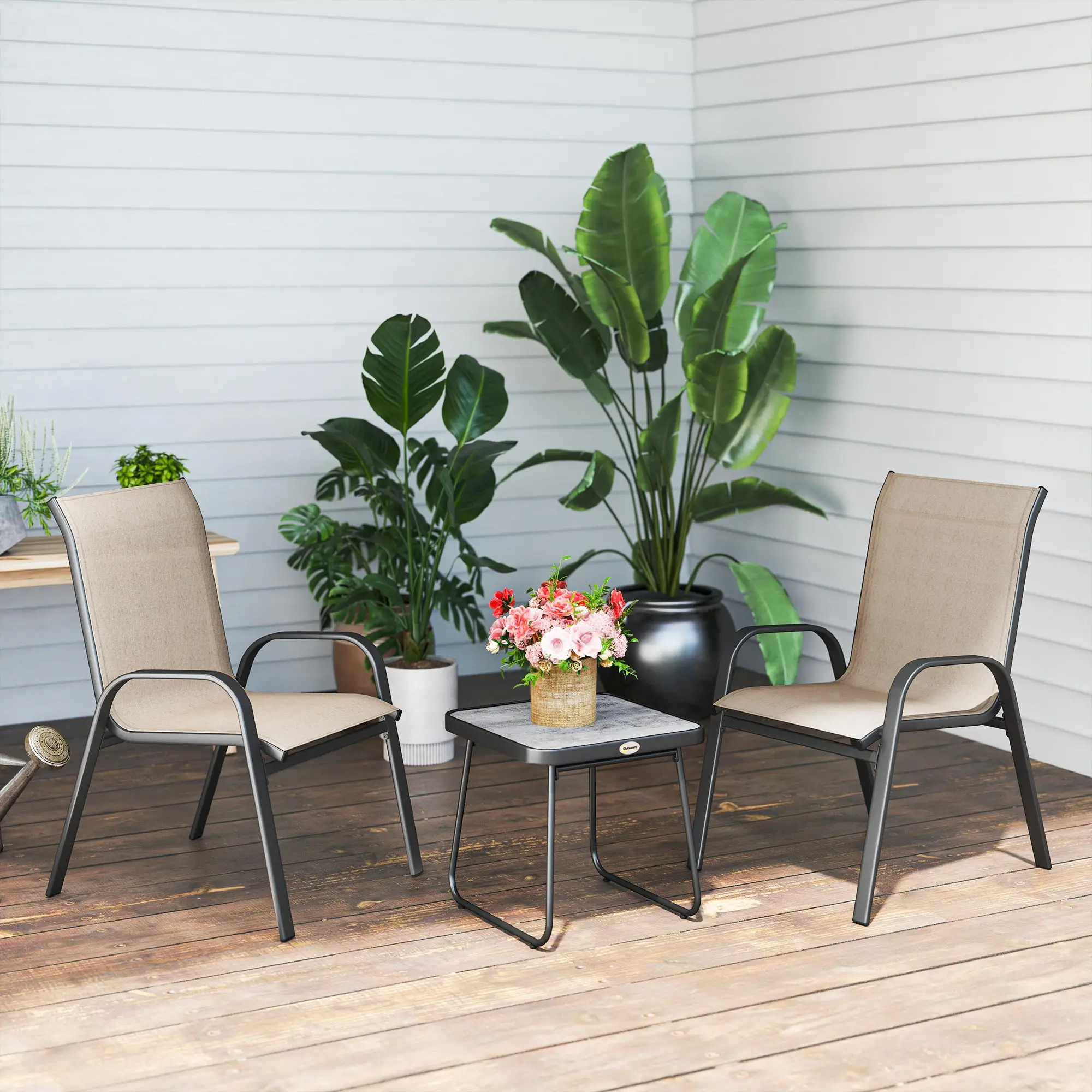 Outdoor Bistro Set, 3-Piece Patio Set, Breathable Mesh, Stackable Chairs, Square Table, Brown - Image 9