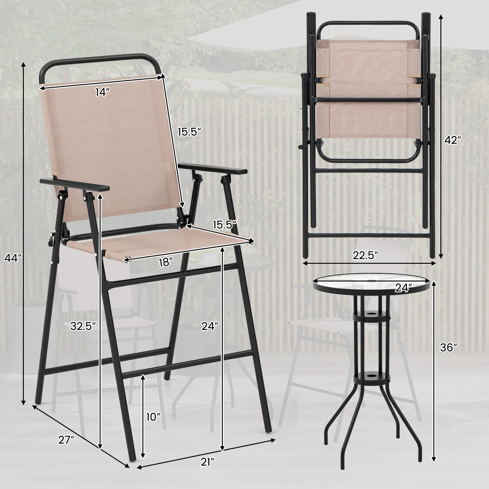Outdoor Bistro Set, 3 Pieces, 2 Folding Chairs, Beige - Image 6