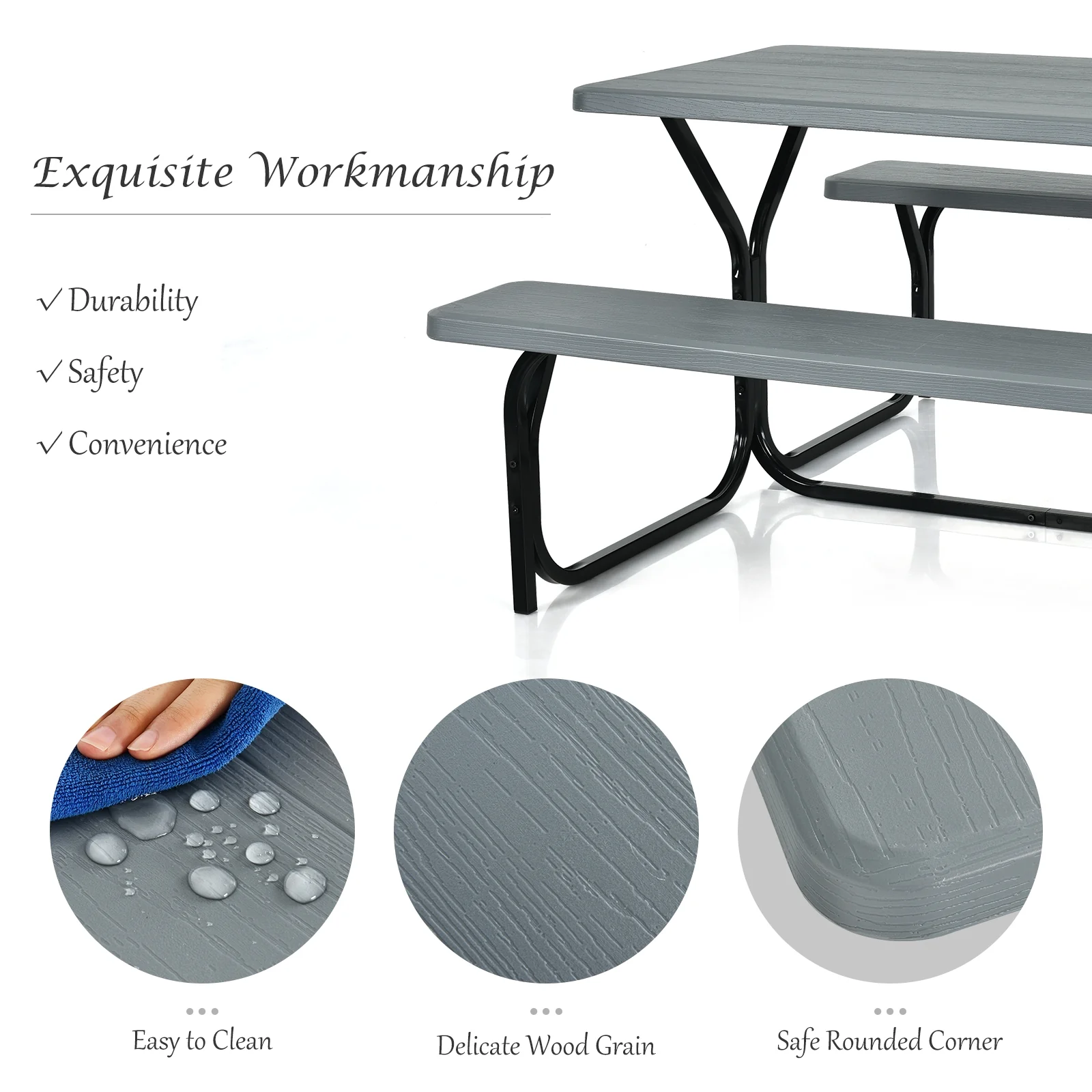 Outdoor Camping Picnic Table Bench Set, Gray - Image 10