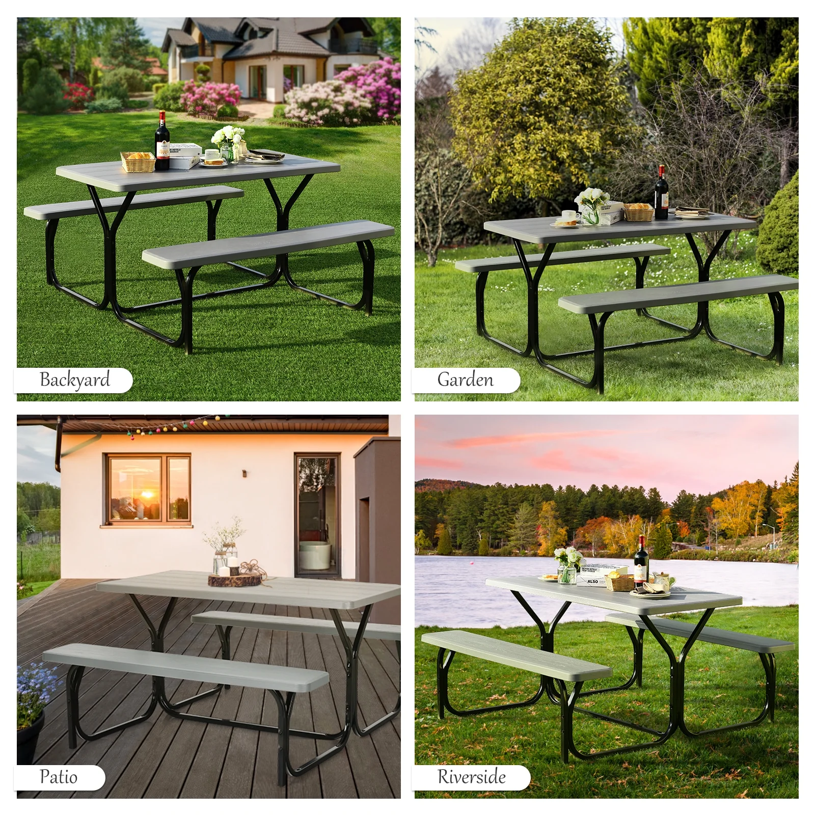 Outdoor Camping Picnic Table Bench Set, Gray - Image 9