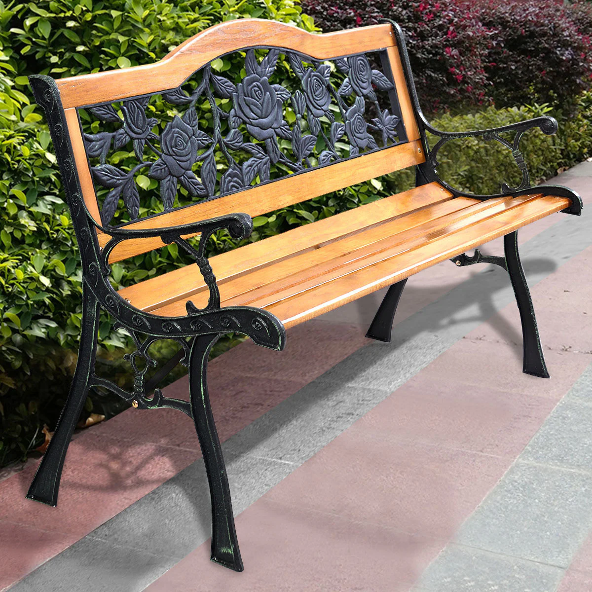 Outdoor Cast Iron Patio Bench, Rose - Image 2