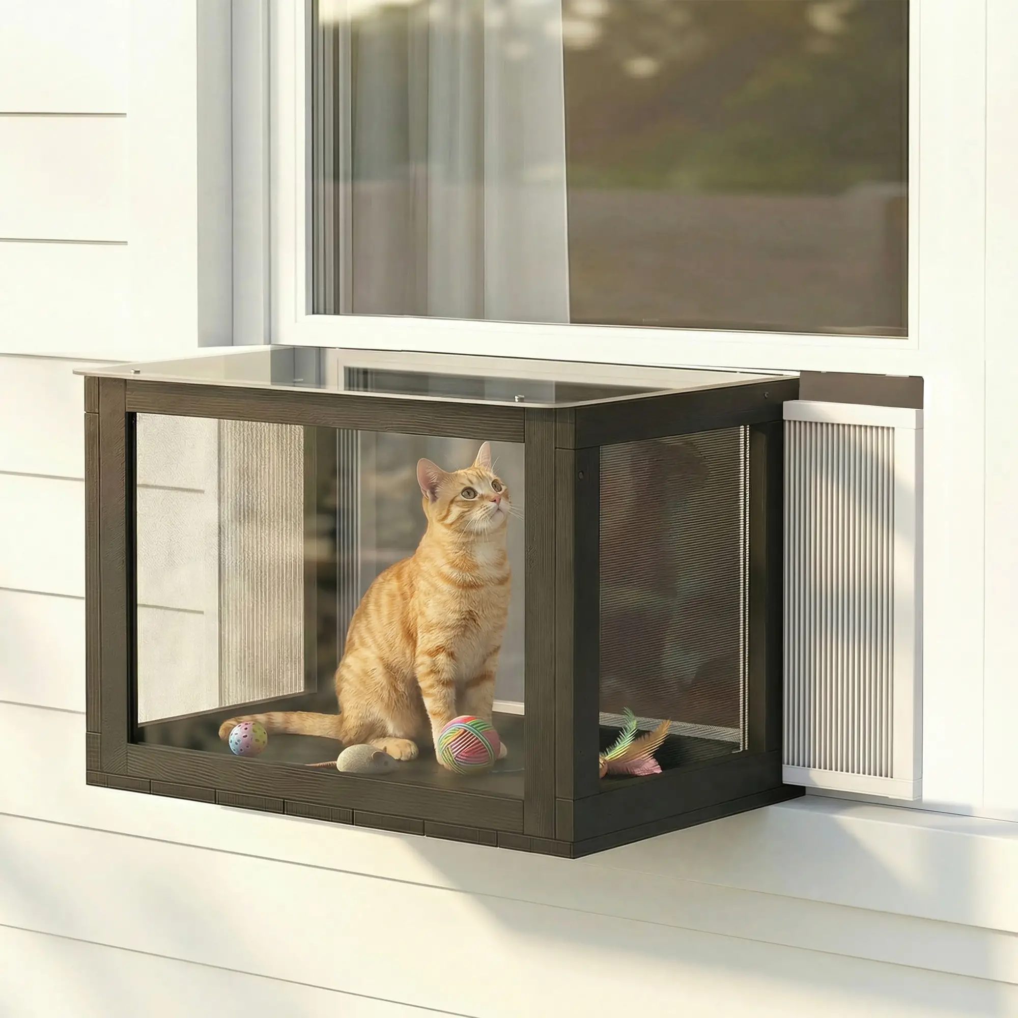 Outdoor Cat Enclosure, Adjustable Cat House, Waterproof Top, 24" x18.5" x16.1", Black White - Image 2