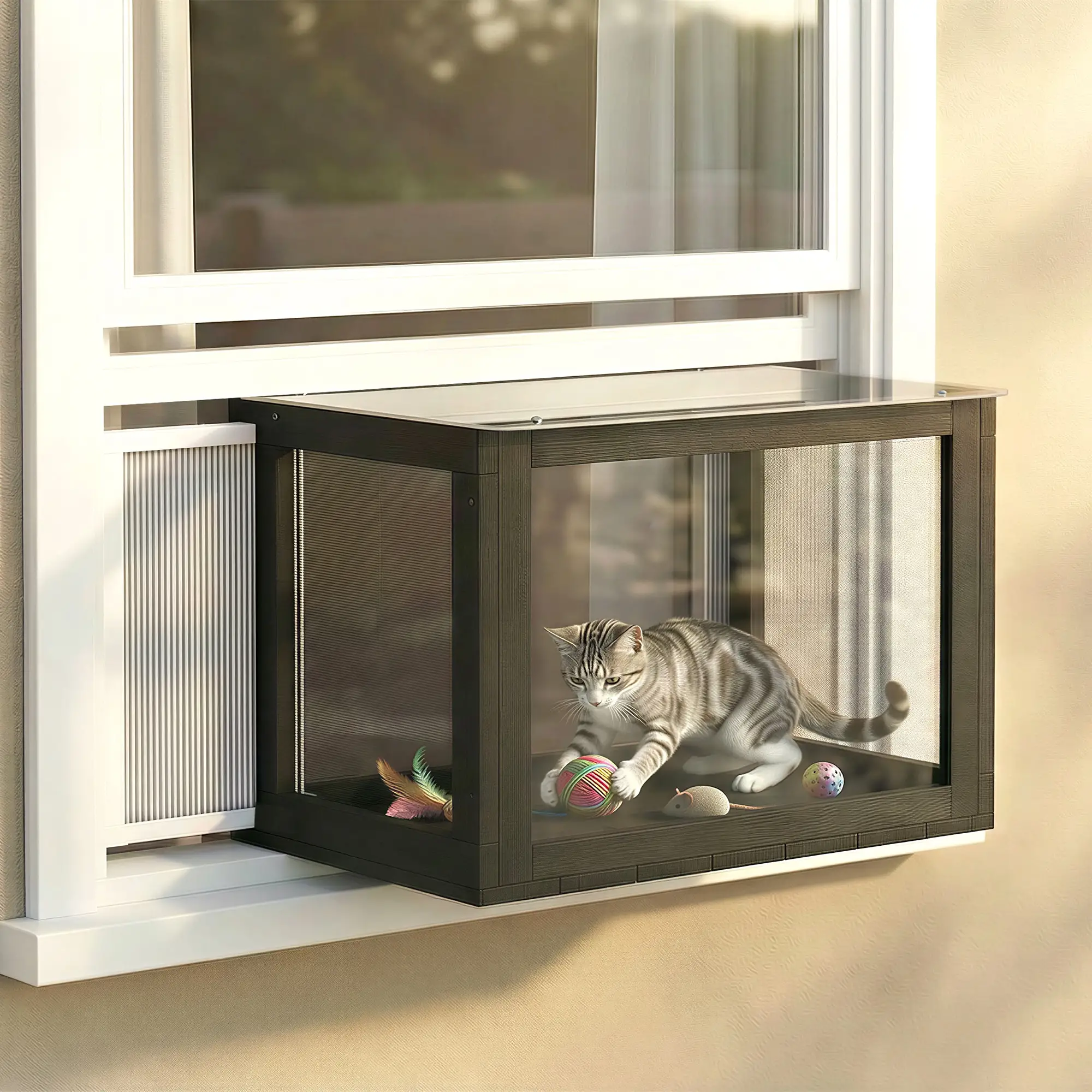 Outdoor Cat Enclosure, Adjustable Cat House, Waterproof Top, 24" x18.5" x16.1", Black White - Image 8
