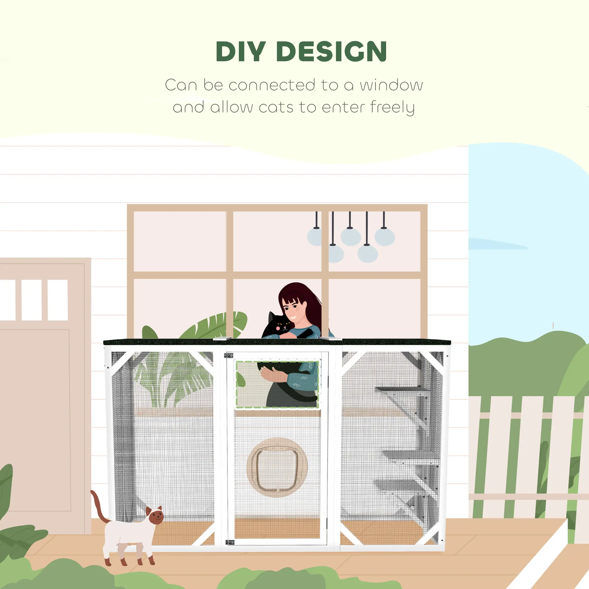 Outdoor Cat Enclosure, Waterproof Roof, Multi-Level Platforms, Lock, White - Image 4