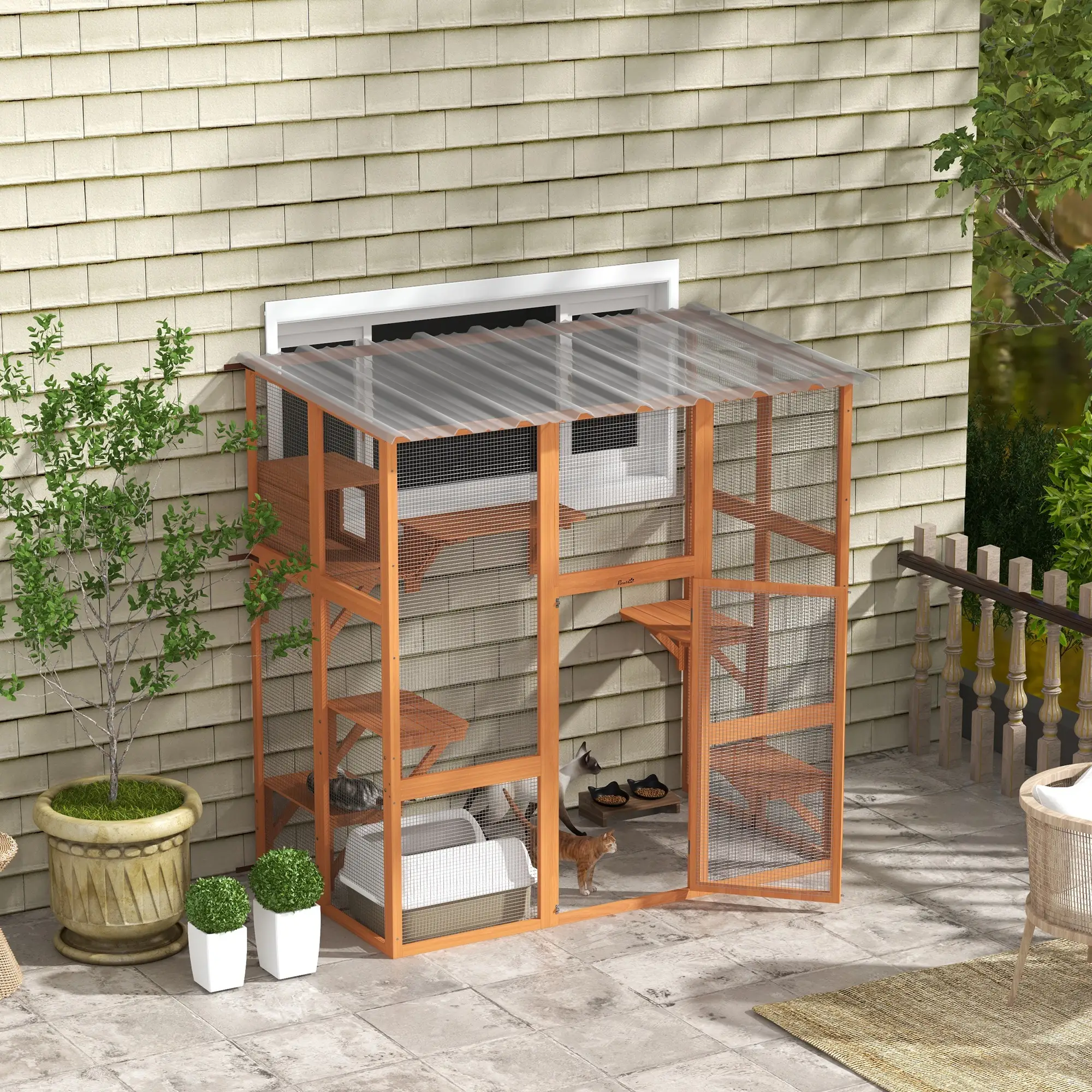 Outdoor Cat Enclosure, Window Box, Weatherproof Roof, Bridge, Resting Box, Platforms, for 2 Kittens, Orange - Image 10