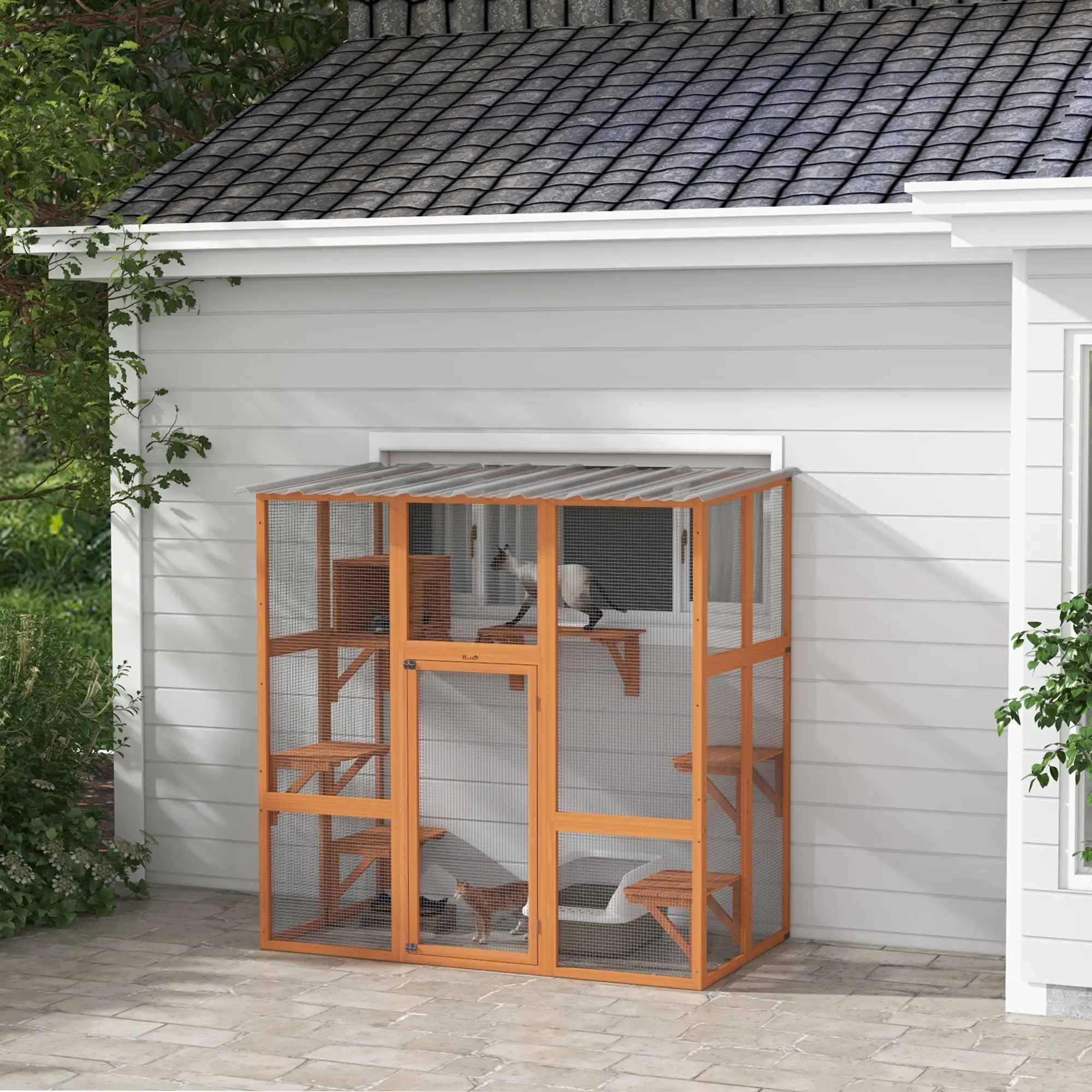 Outdoor Cat Enclosure, Window Box, Weatherproof Roof, Bridge, Resting Box, Platforms, for 2 Kittens, Orange - Image 2