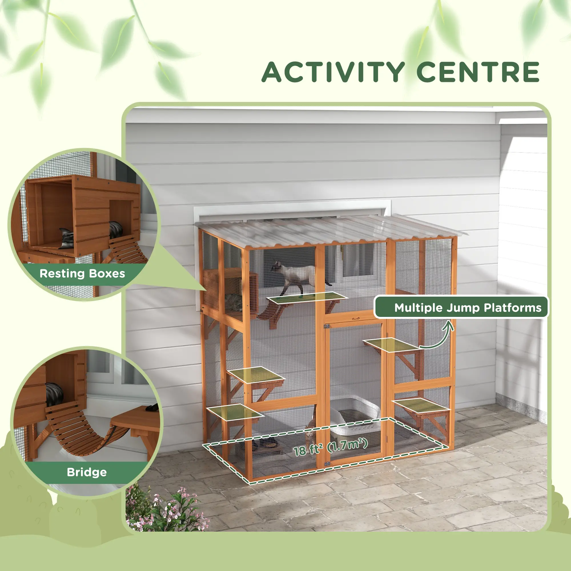 Outdoor Cat Enclosure, Window Box, Weatherproof Roof, Bridge, Resting Box, Platforms, for 2 Kittens, Orange - Image 5