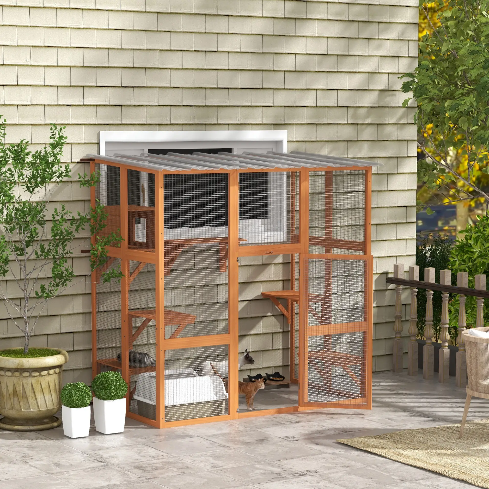 Outdoor Cat Enclosure, Window Box, Weatherproof Roof, Bridge, Resting Box, Platforms, for 2 Kittens, Orange - Image 8