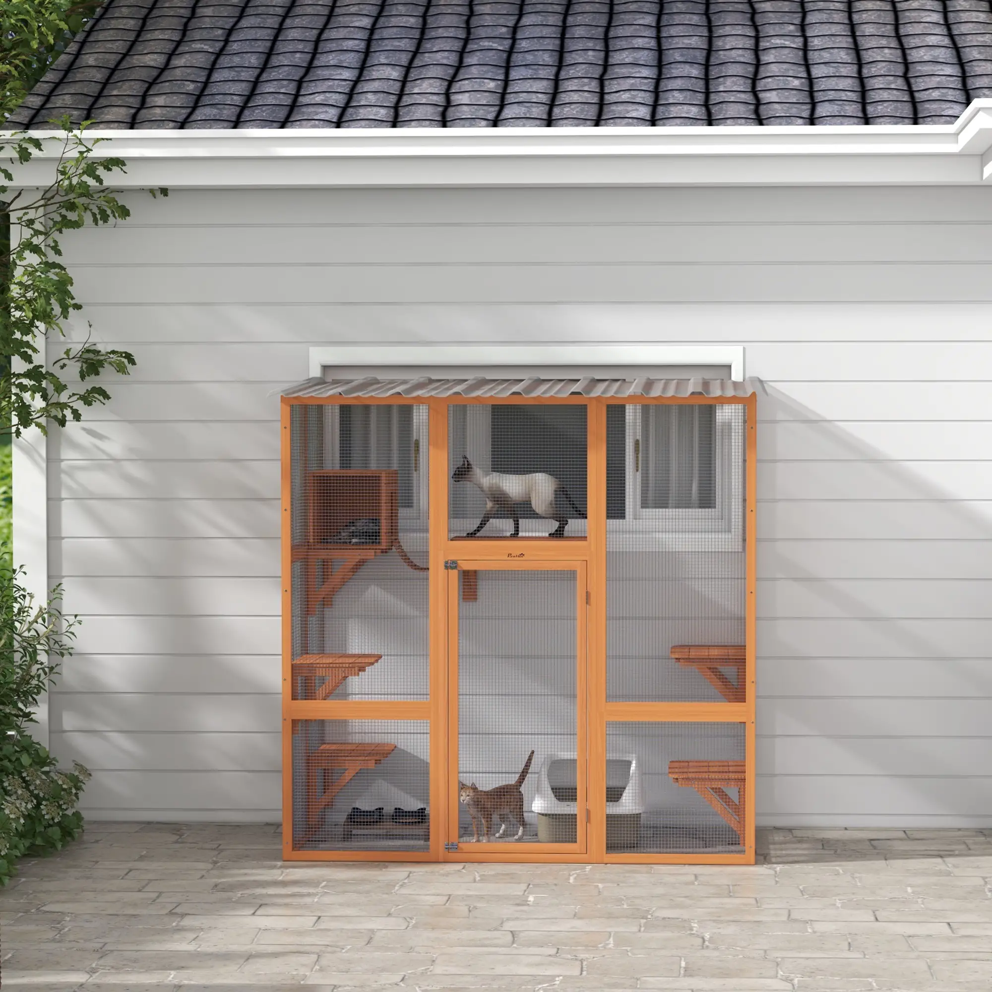 Outdoor Cat Enclosure, Window Box, Weatherproof Roof, Bridge, Resting Box, Platforms, for 2 Kittens, Orange - Image 9
