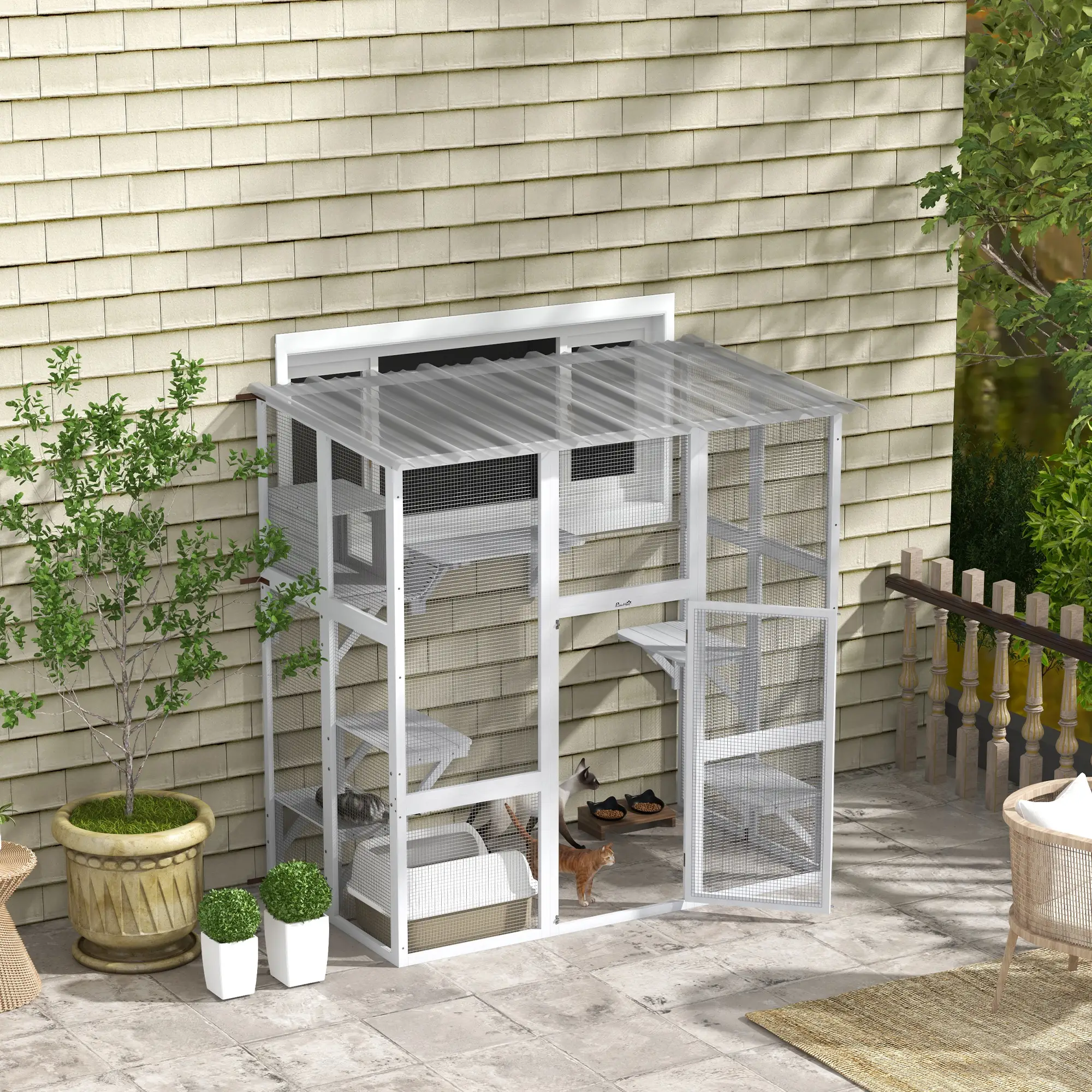 Outdoor Cat Enclosure, Window Box, Weatherproof Roof, Bridge, Resting Box, Platforms, for 2 Kittens, White - Image 10