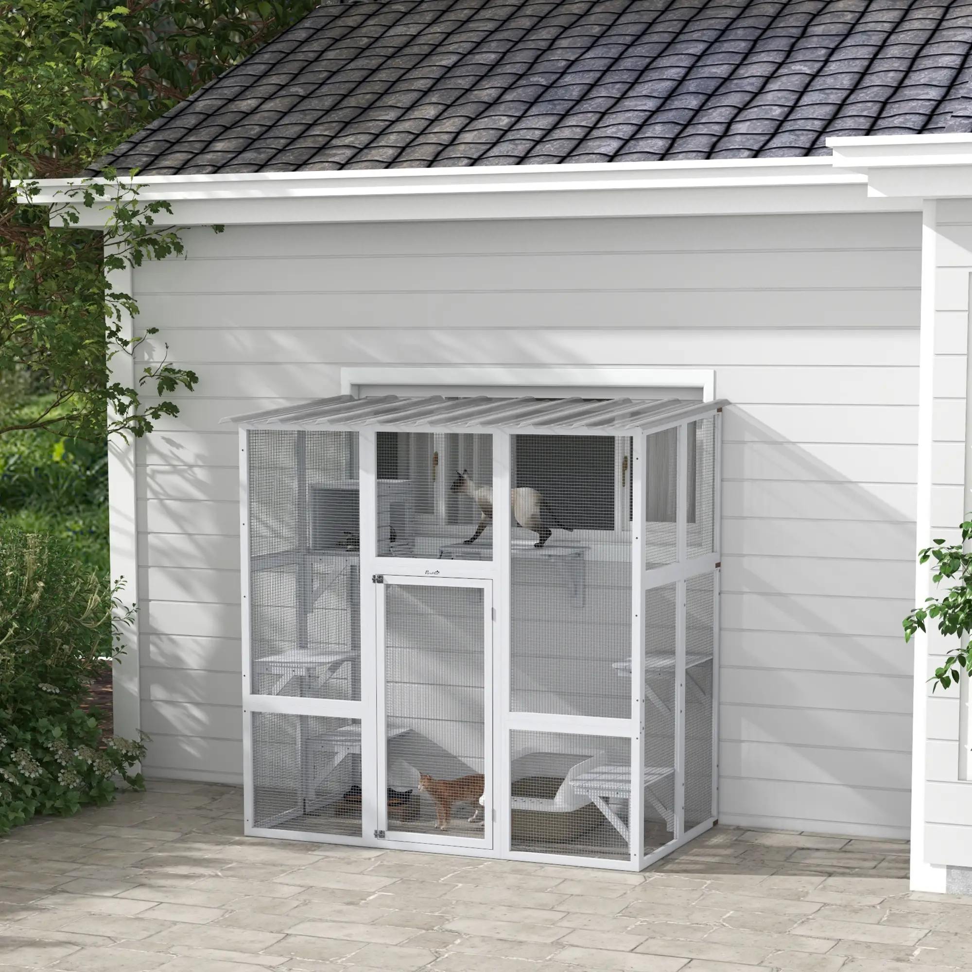 Outdoor Cat Enclosure, Window Box, Weatherproof Roof, Bridge, Resting Box, Platforms, for 2 Kittens, White - Image 2